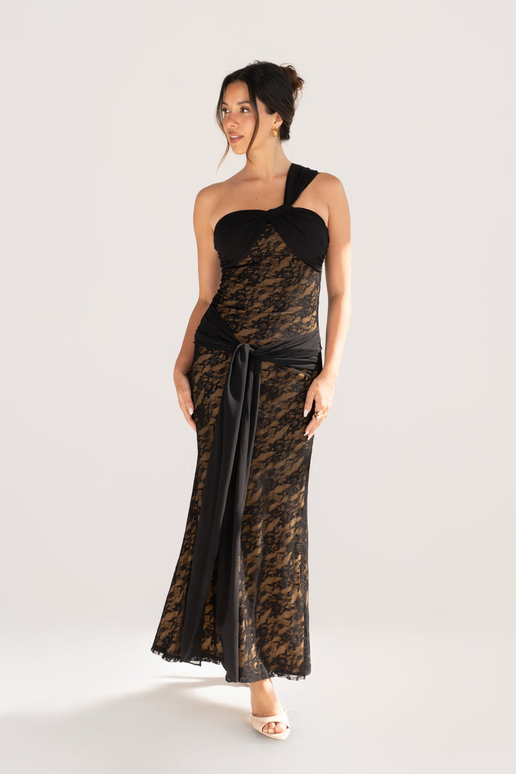 Annika Black Lace One-Shoulder Dress