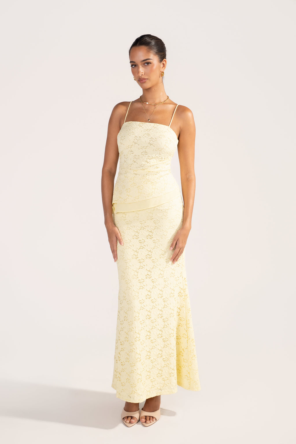 Ardyn Yellow Lace Set - Asymmetrical Cami Top & Maxi Skirt