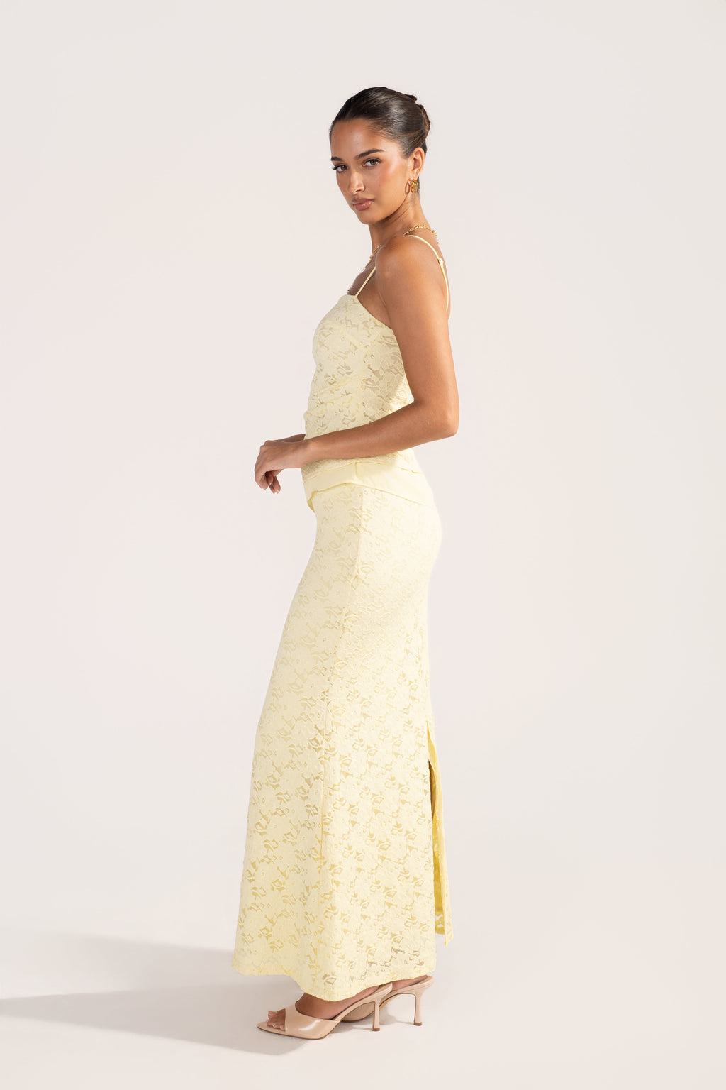 Ardyn Yellow Lace Set - Asymmetrical Cami Top & Maxi Skirt