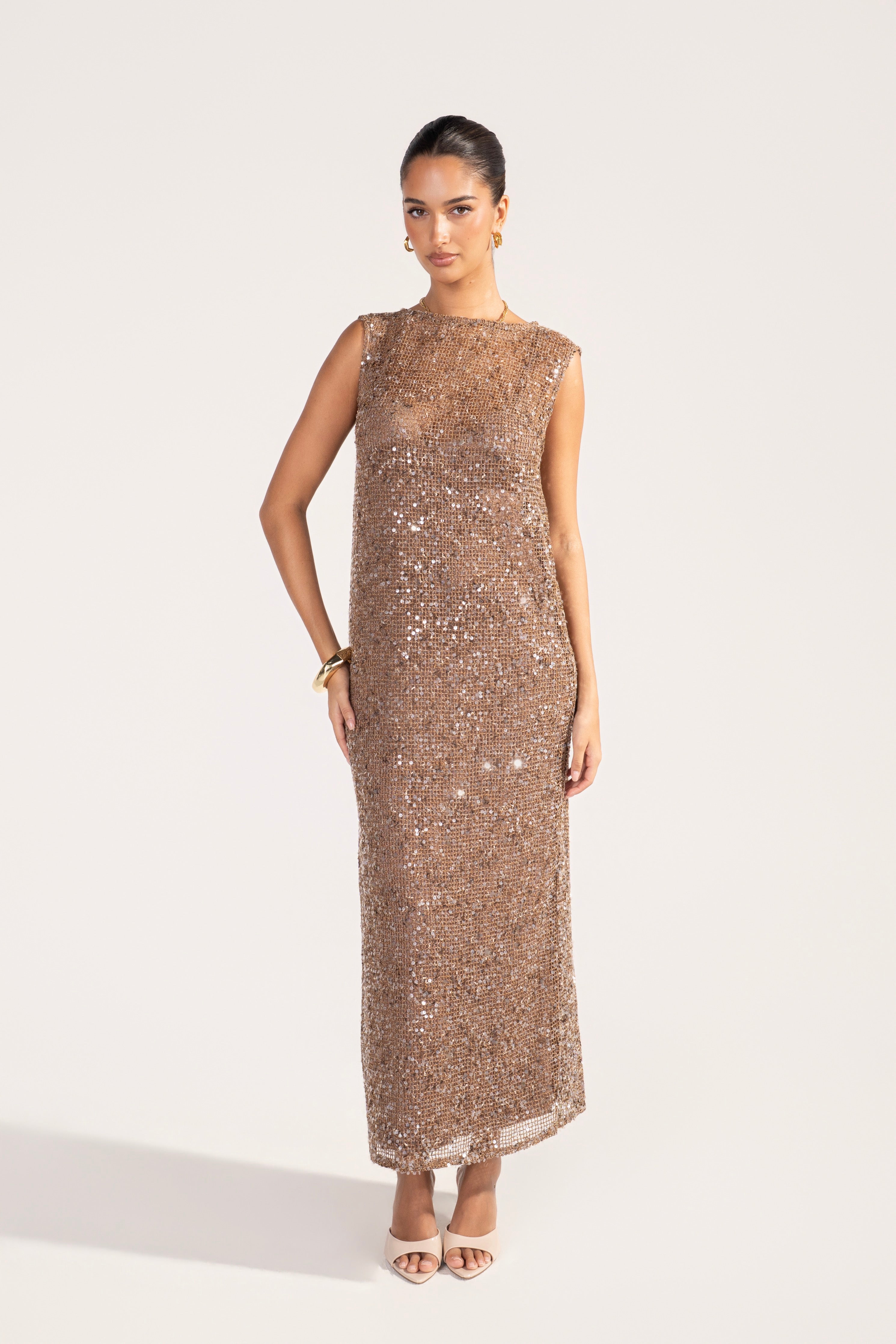 Athena Tan Sequin Mesh Maxi Dress