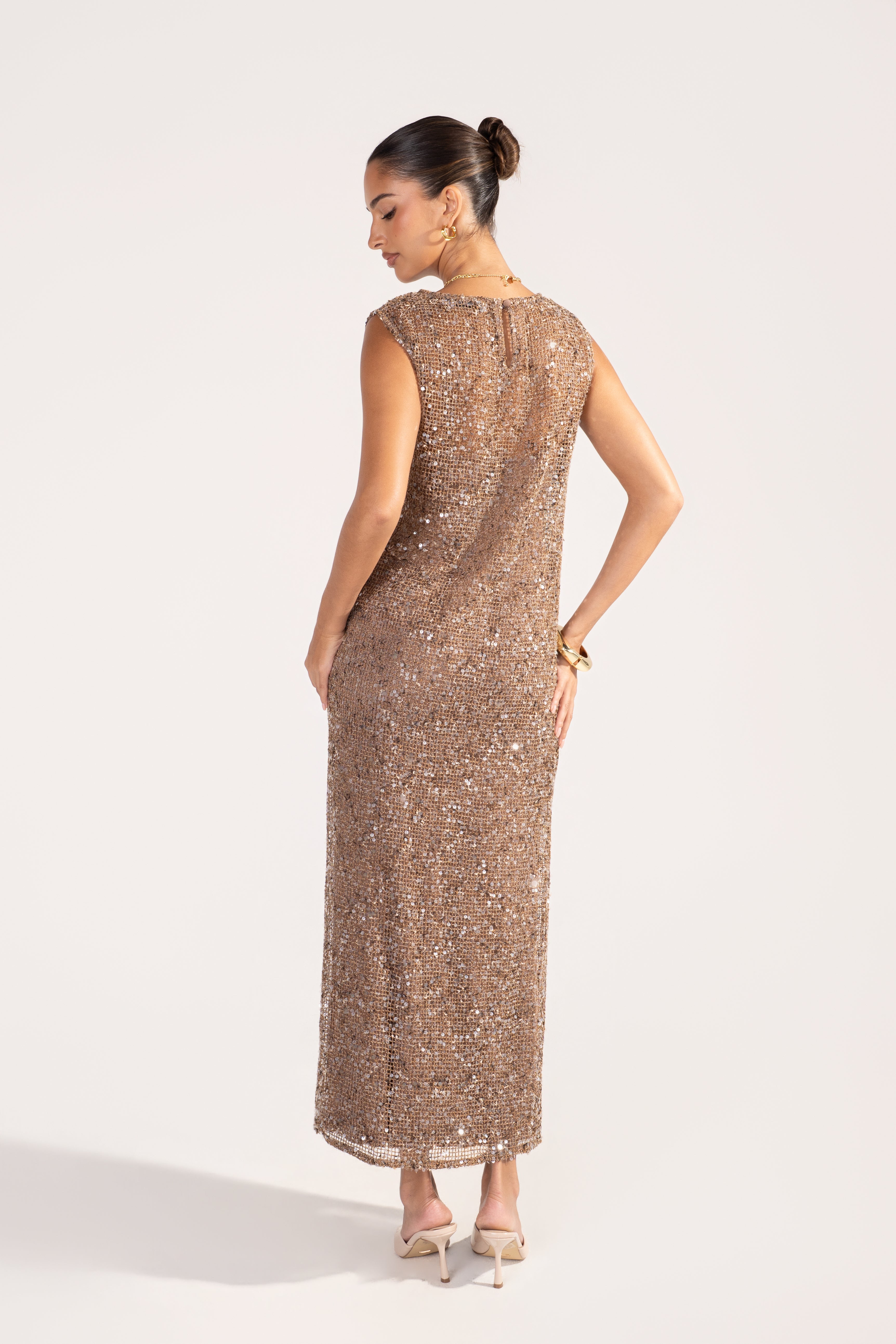 Athena Tan Sequin Mesh Maxi Dress
