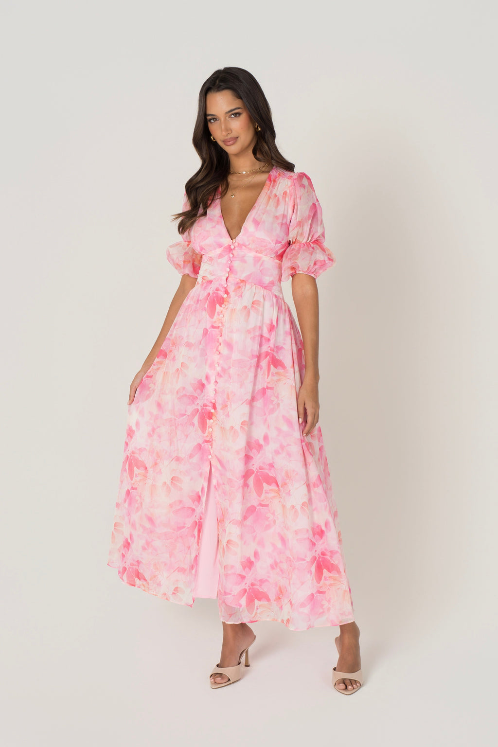Bellamy Pink Floral Maxi with Puff Sleeves