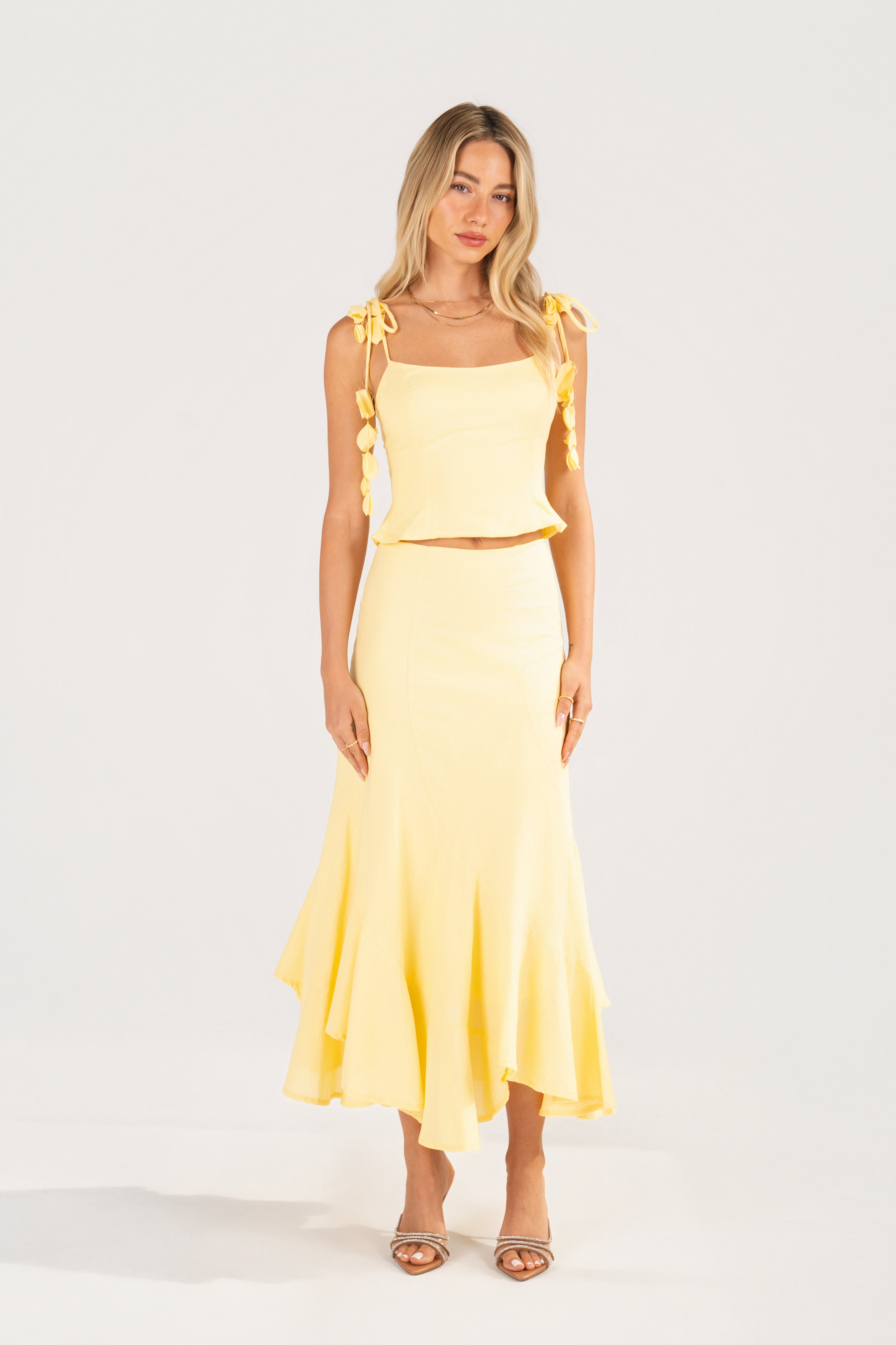 Belle Two Piece Set - Cropped Top with Petals & Maxi Skirt