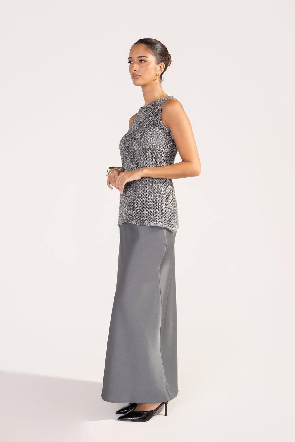 Bernie Silver Metallic Open-Knit Vest, Top & Skirt Set