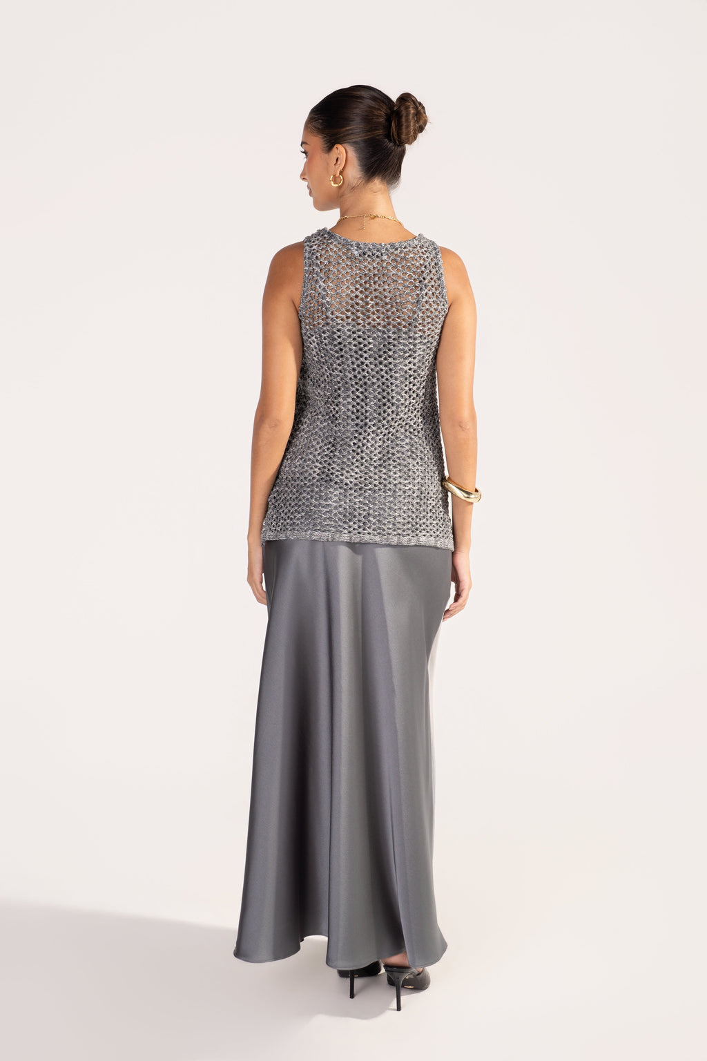 Bernie Silver Metallic Open-Knit Vest, Top & Skirt Set