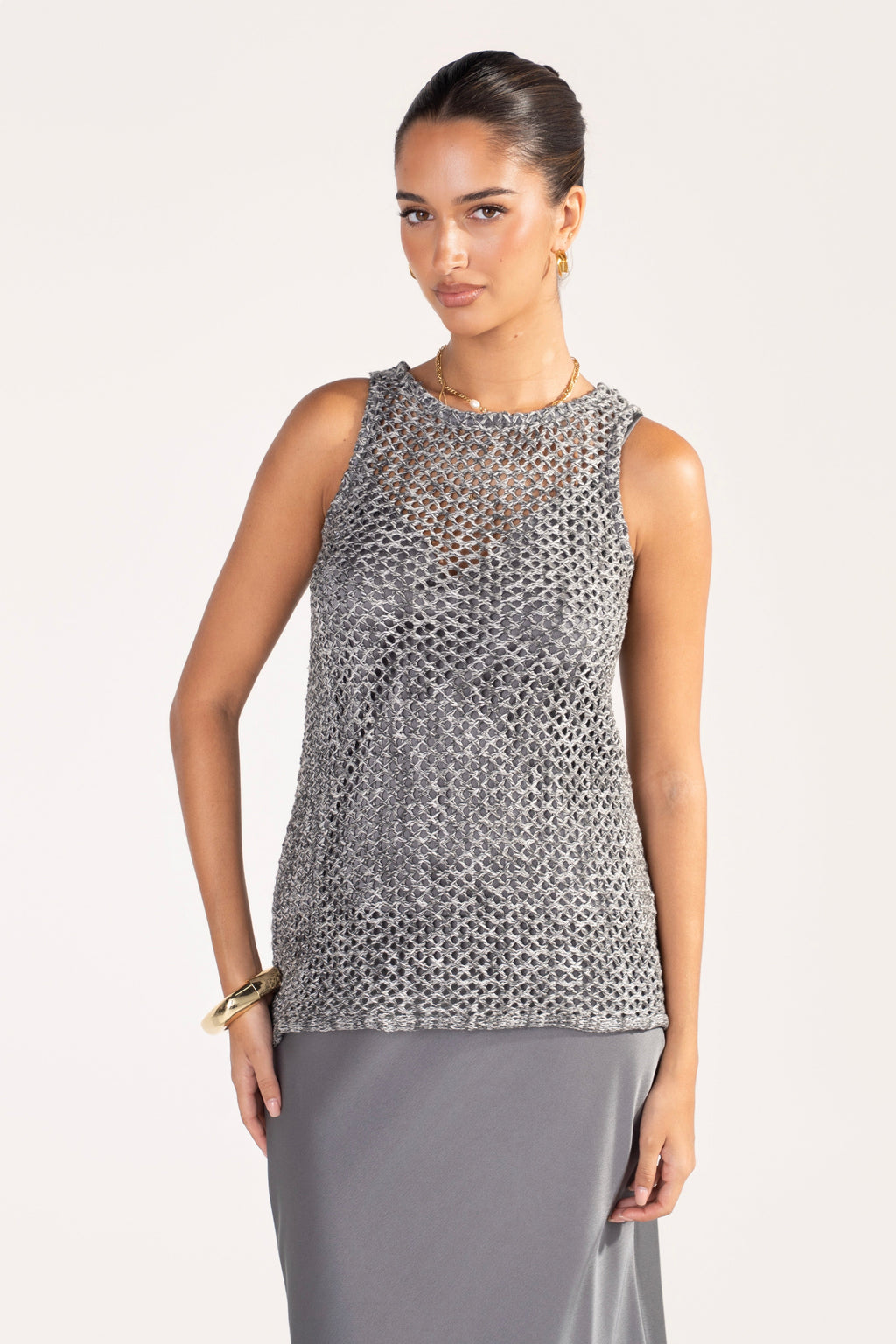 Bernie Silver Metallic Open-Knit Vest, Top & Skirt Set