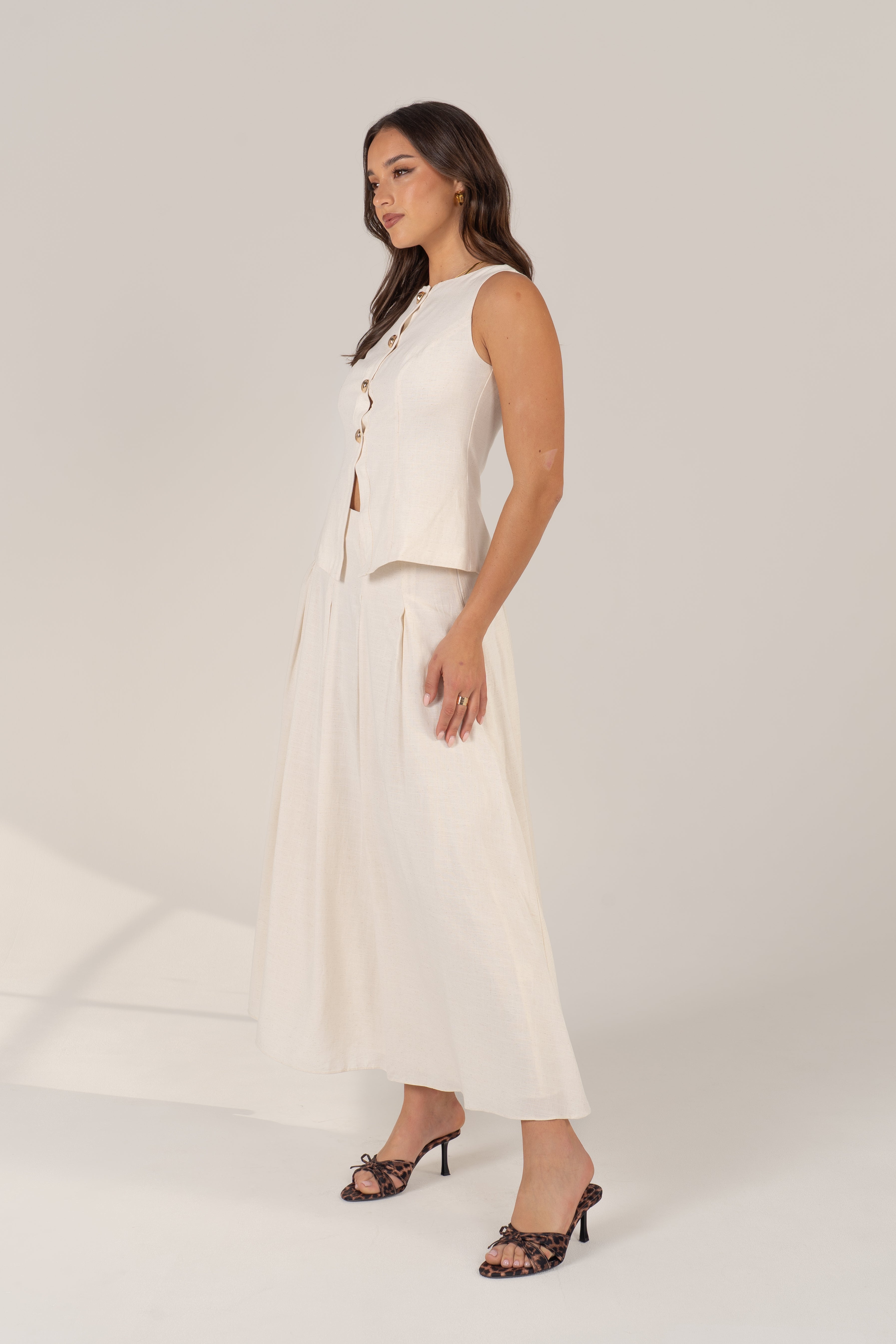 Bethany Set - Vest Top with Gold Buttons & Pleated Maxi Skirt