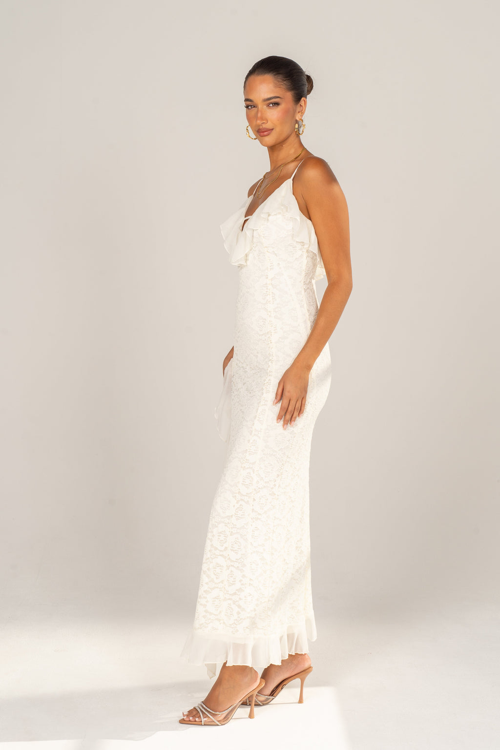 Blythe Cream Embroidered Ruffle Maxi Dress