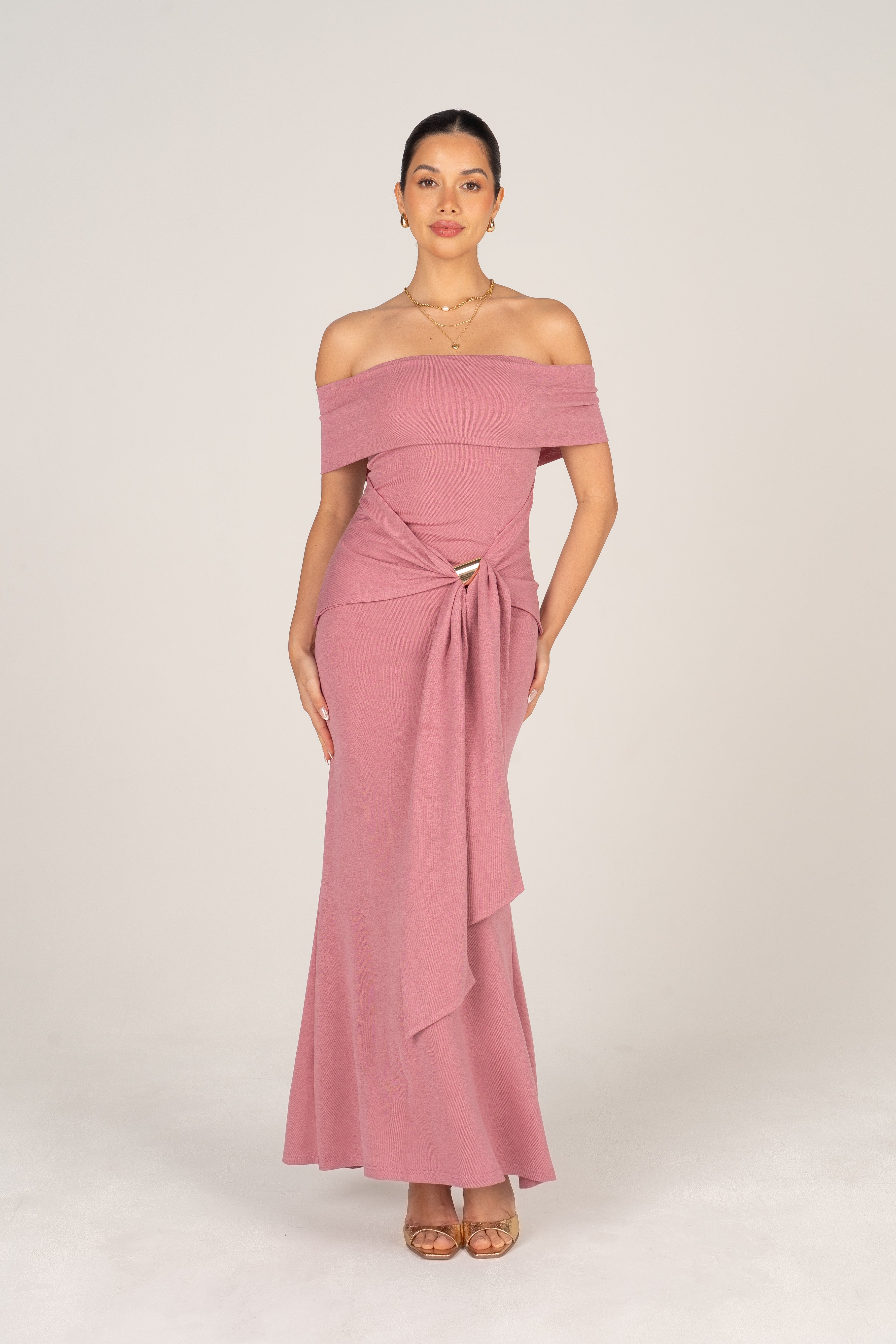 Bronwyn Off-Shoulder Dusty Pink Midi Dress