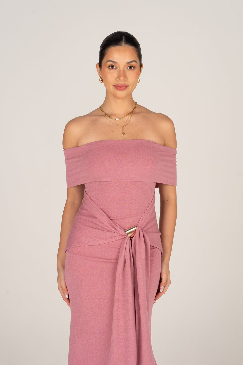 Bronwyn Off-Shoulder Dusty Pink Midi Dress