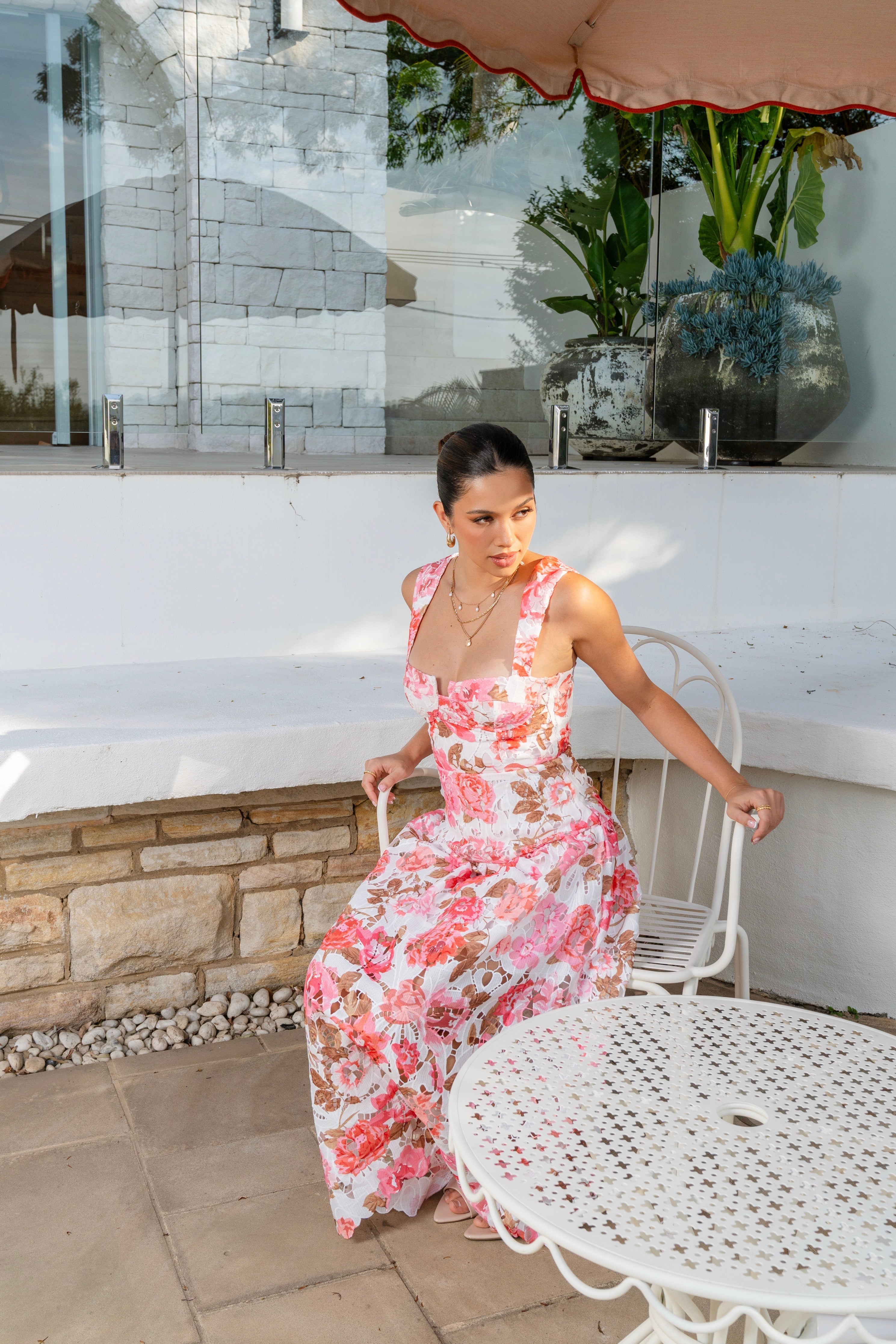 Carmen Floral Pink Lace Midi Dress