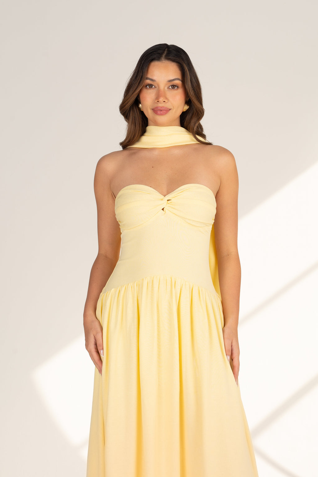 Celina Strapless Yellow Midi with Neck Scarf