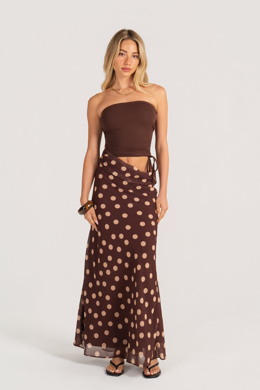Dalena Strapless Chocolate Polka Dot Maxi Dress
