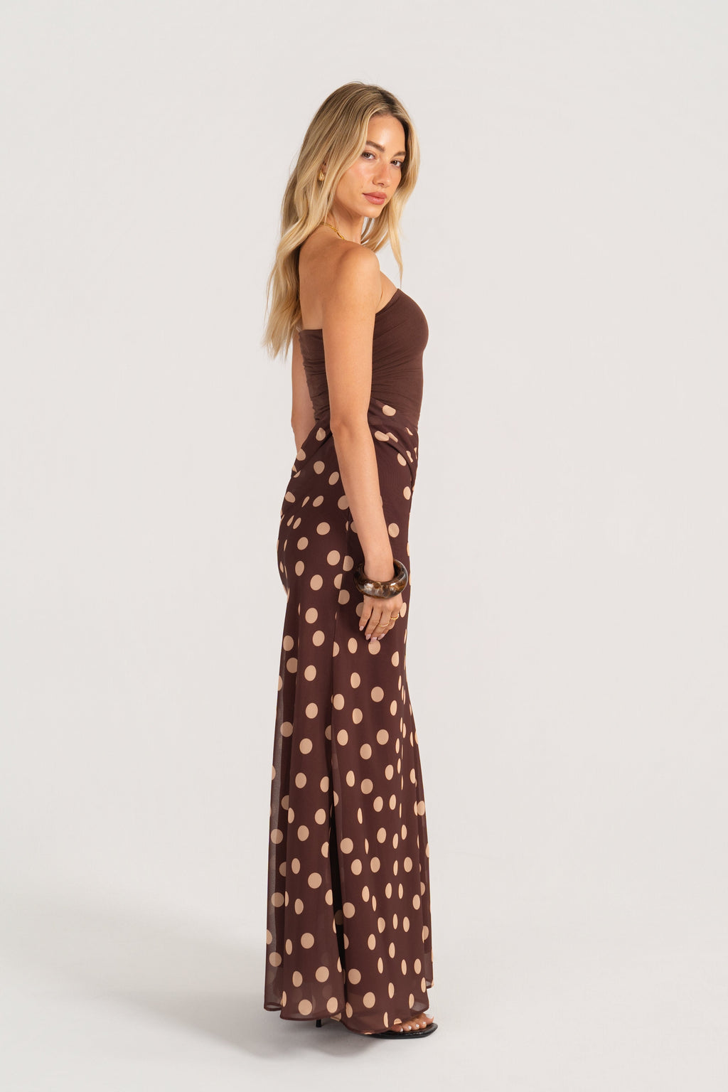 Dalena Strapless Chocolate Polka Dot Maxi Dress