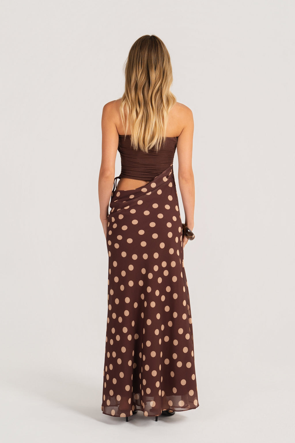 Dalena Strapless Chocolate Polka Dot Maxi Dress