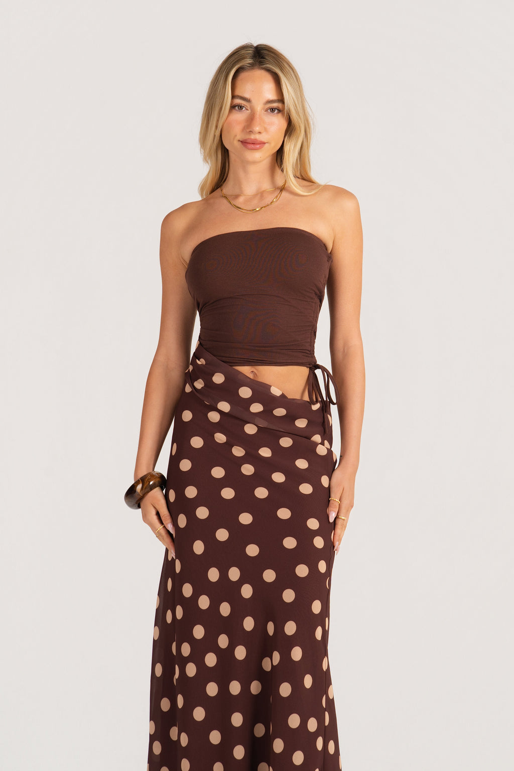 Dalena Strapless Chocolate Polka Dot Maxi Dress