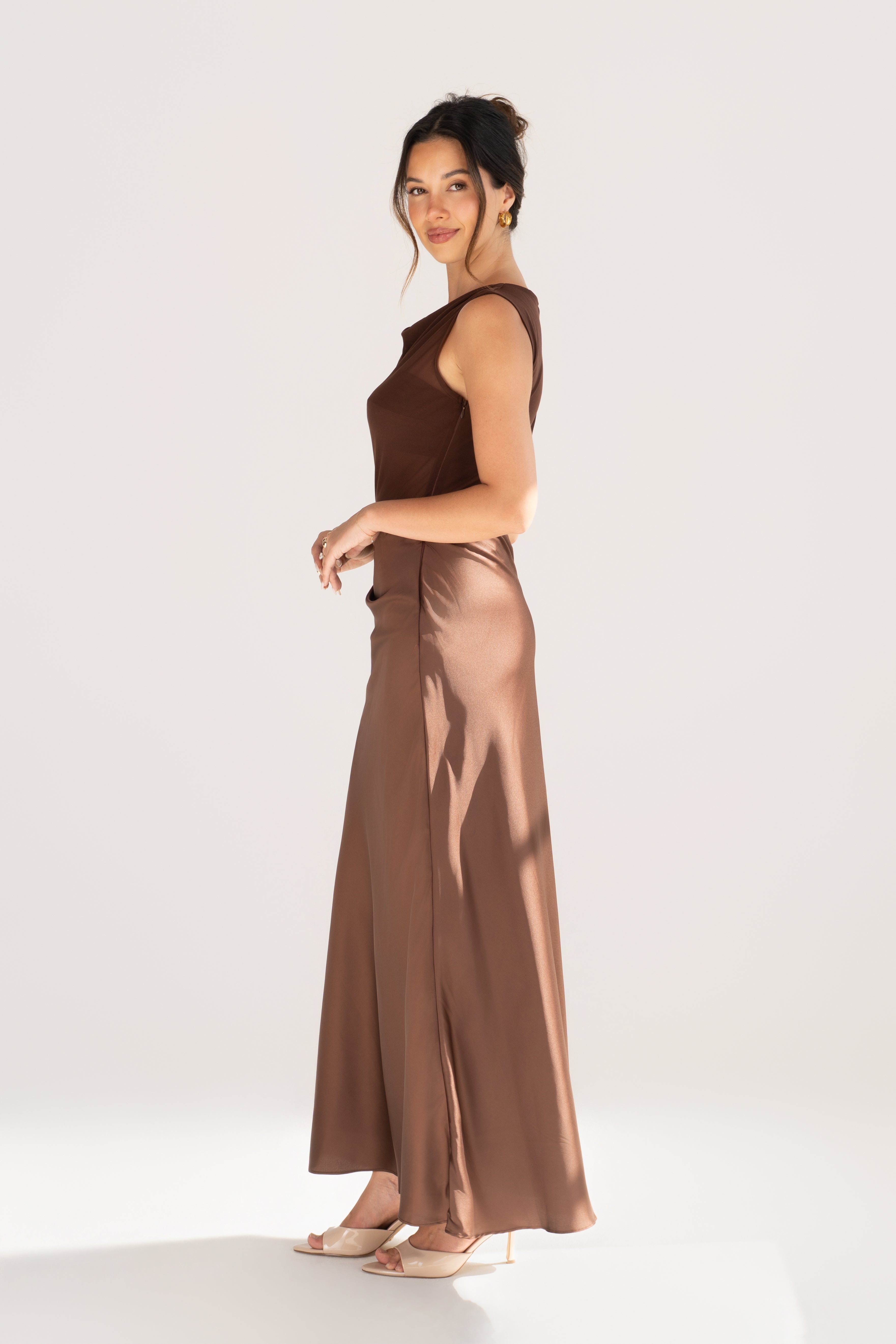 Darlene Satin Chocolate Maxi Dress with Sheer Detailing