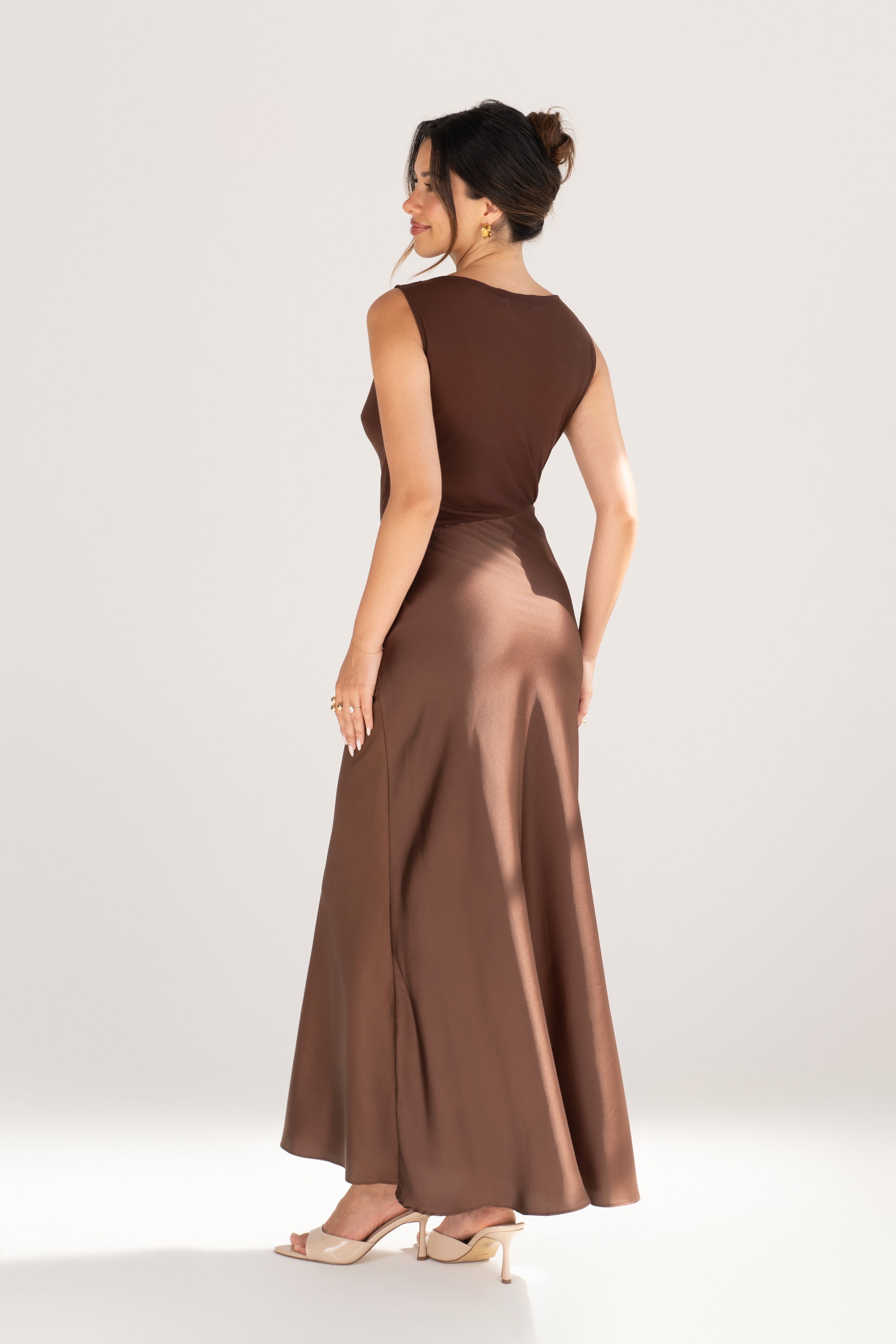 Darlene Satin Chocolate Maxi Dress with Sheer Detailing
