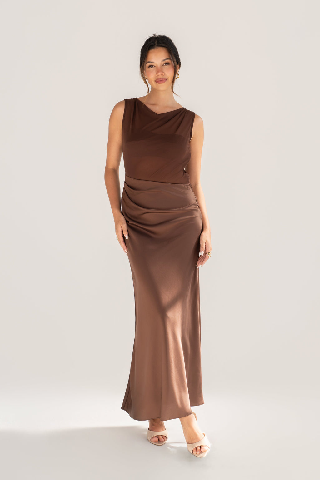 Darlene Satin Chocolate Maxi Dress with Sheer Detailing