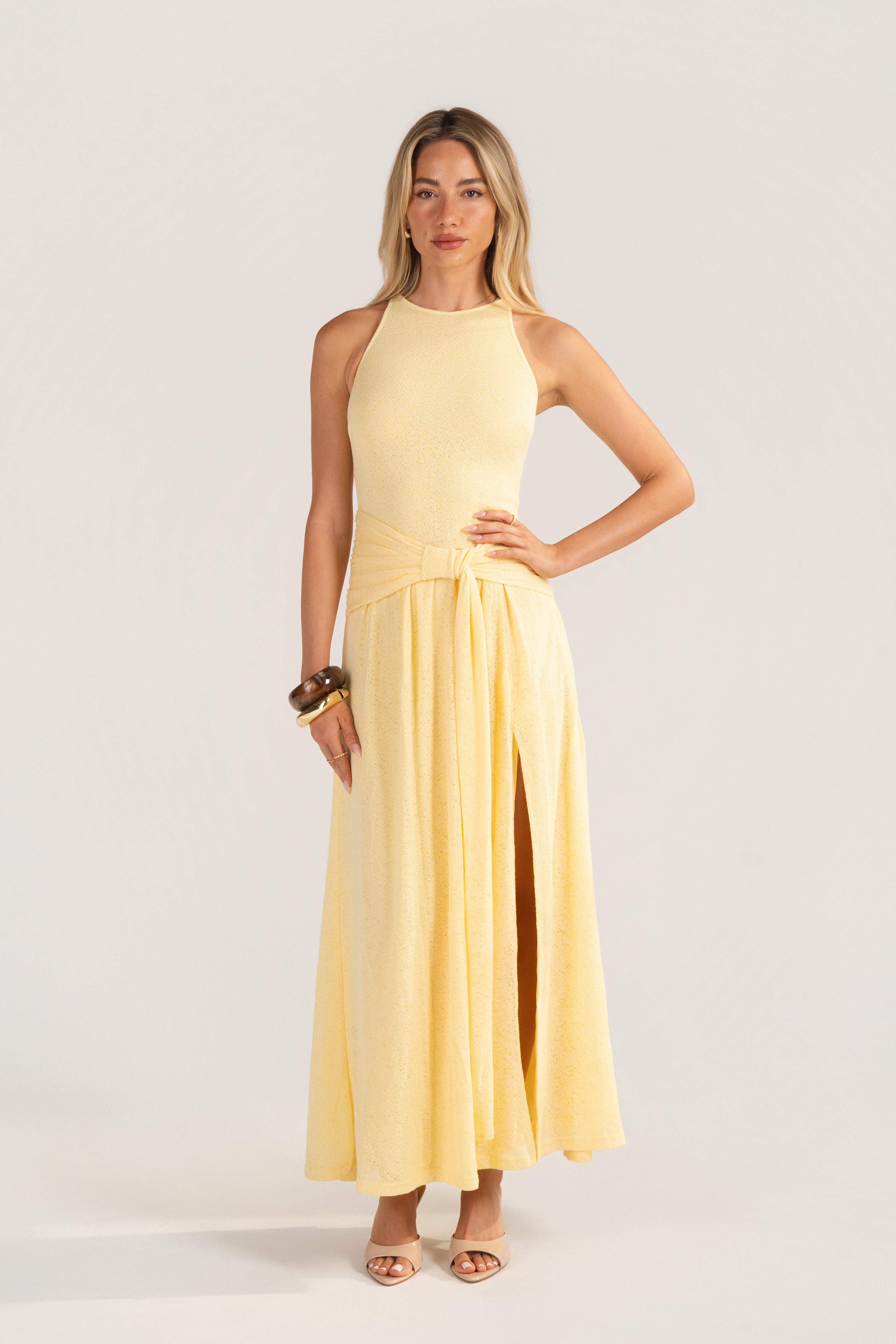 Davina Knit Yellow High-Neck Halter Dress