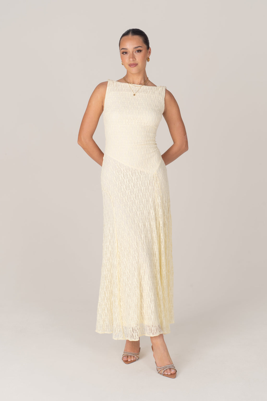 Delia Lace Yellow Midi Dress with Twist Details
