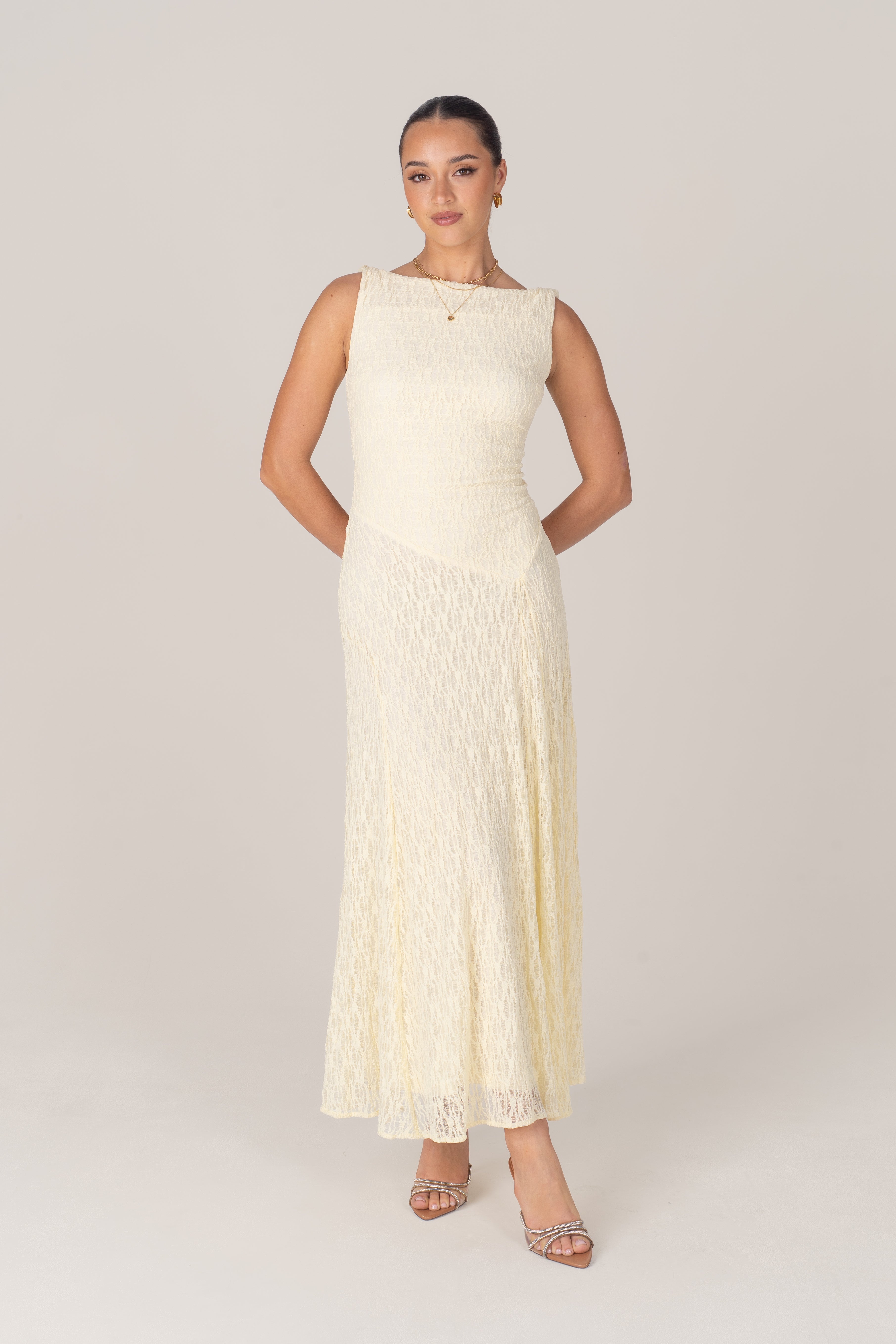 Delia Lace Yellow Midi Dress with Twist Details