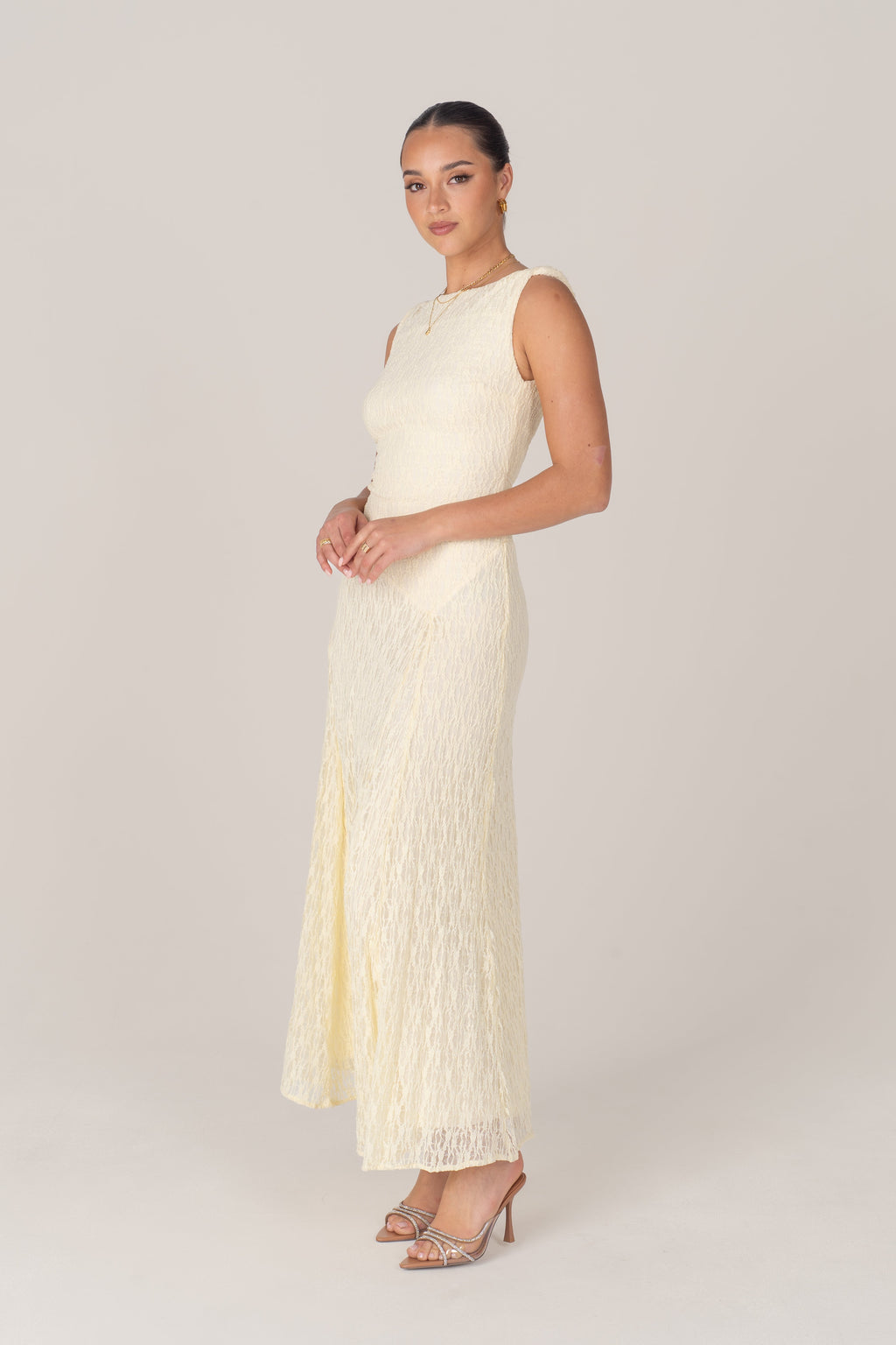 Delia Lace Yellow Midi Dress with Twist Details