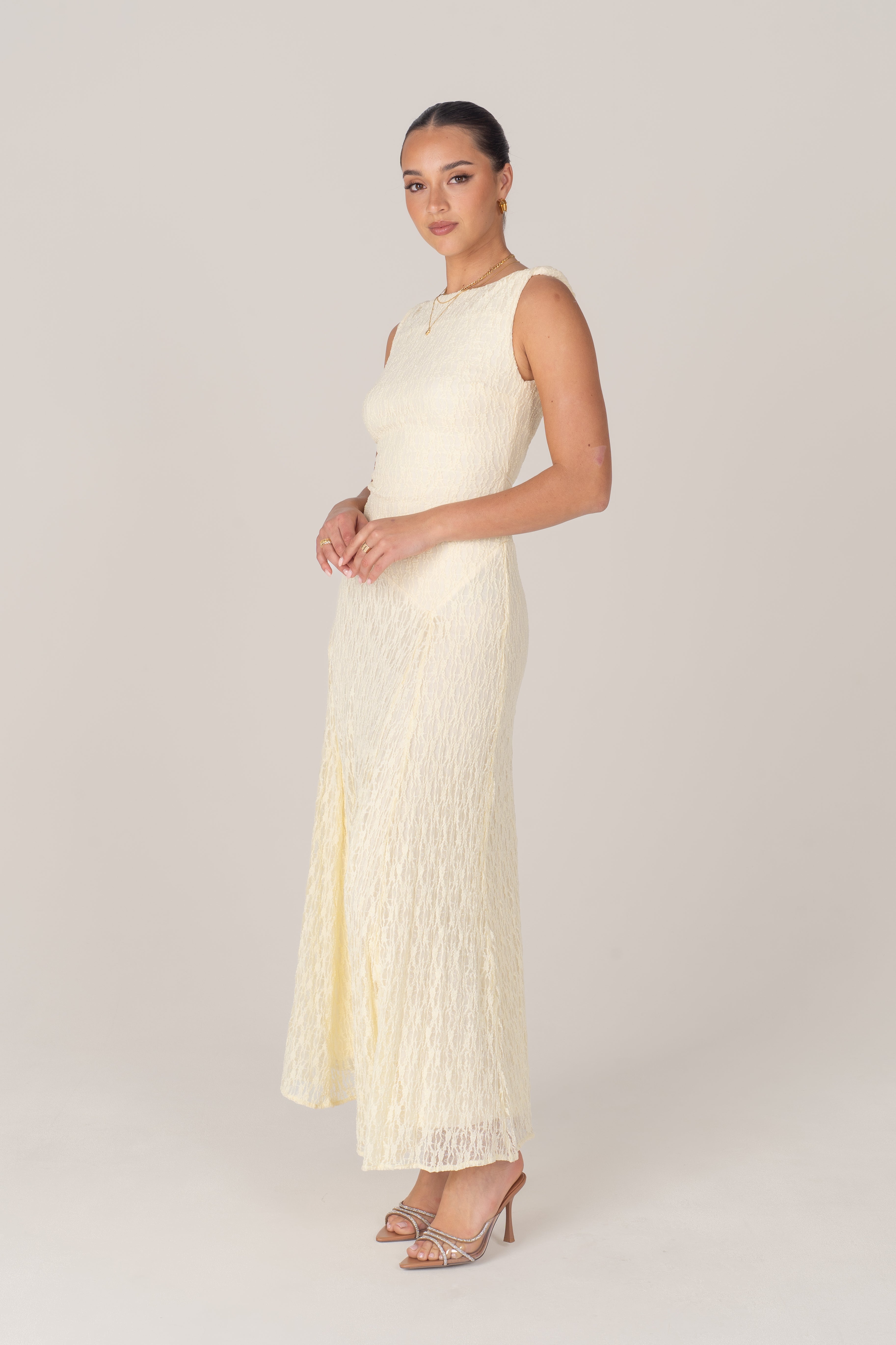 Delia Lace Yellow Midi Dress with Twist Details