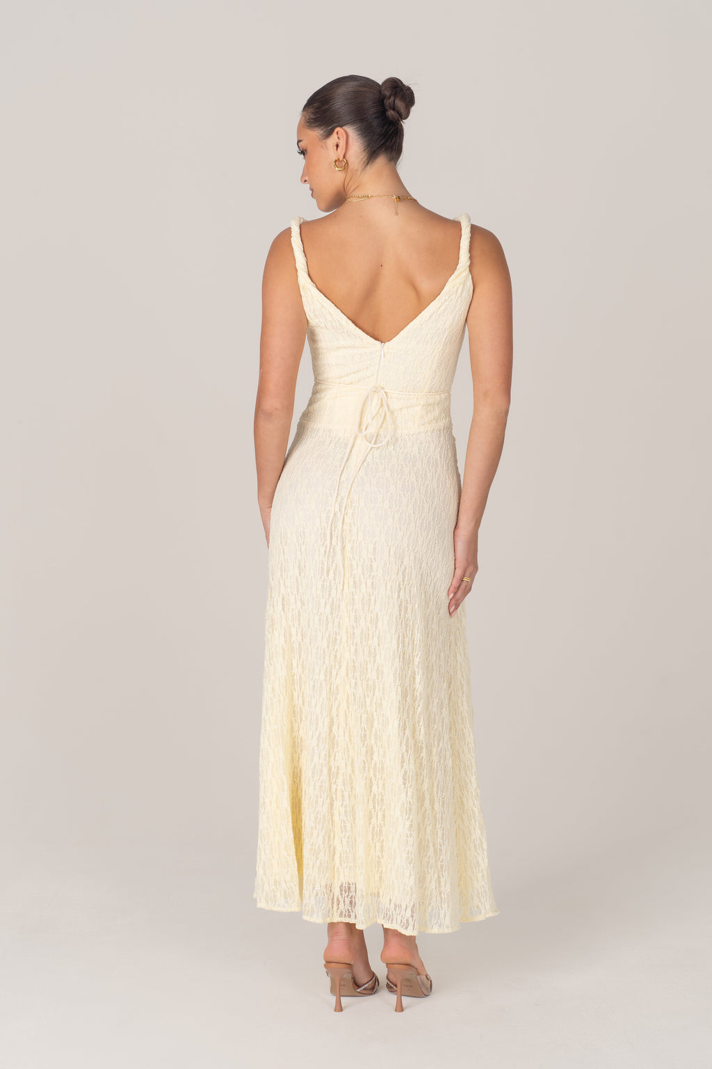 Delia Lace Yellow Midi Dress with Twist Details