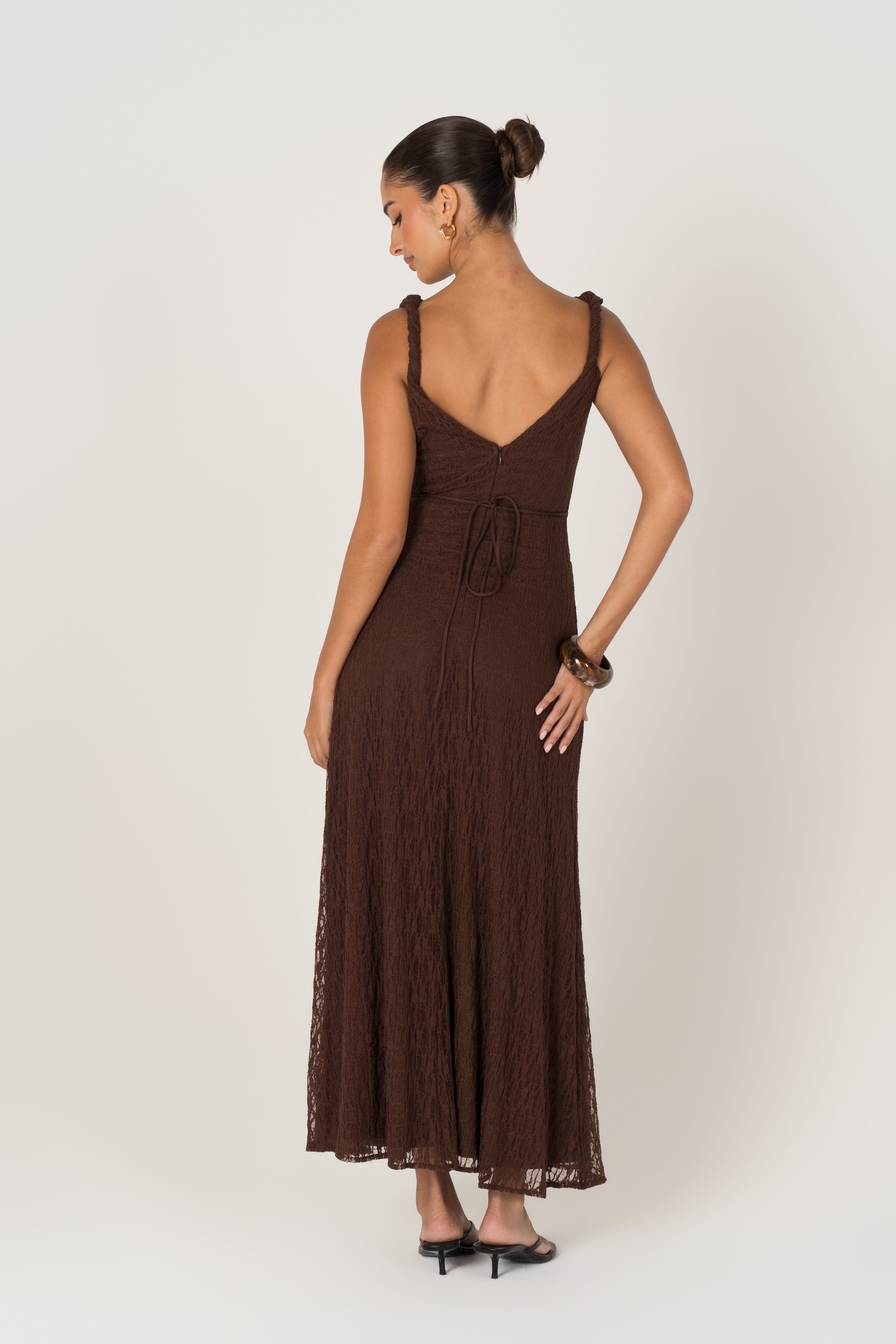Delia Lace Yellow Midi Dress with Twist Details