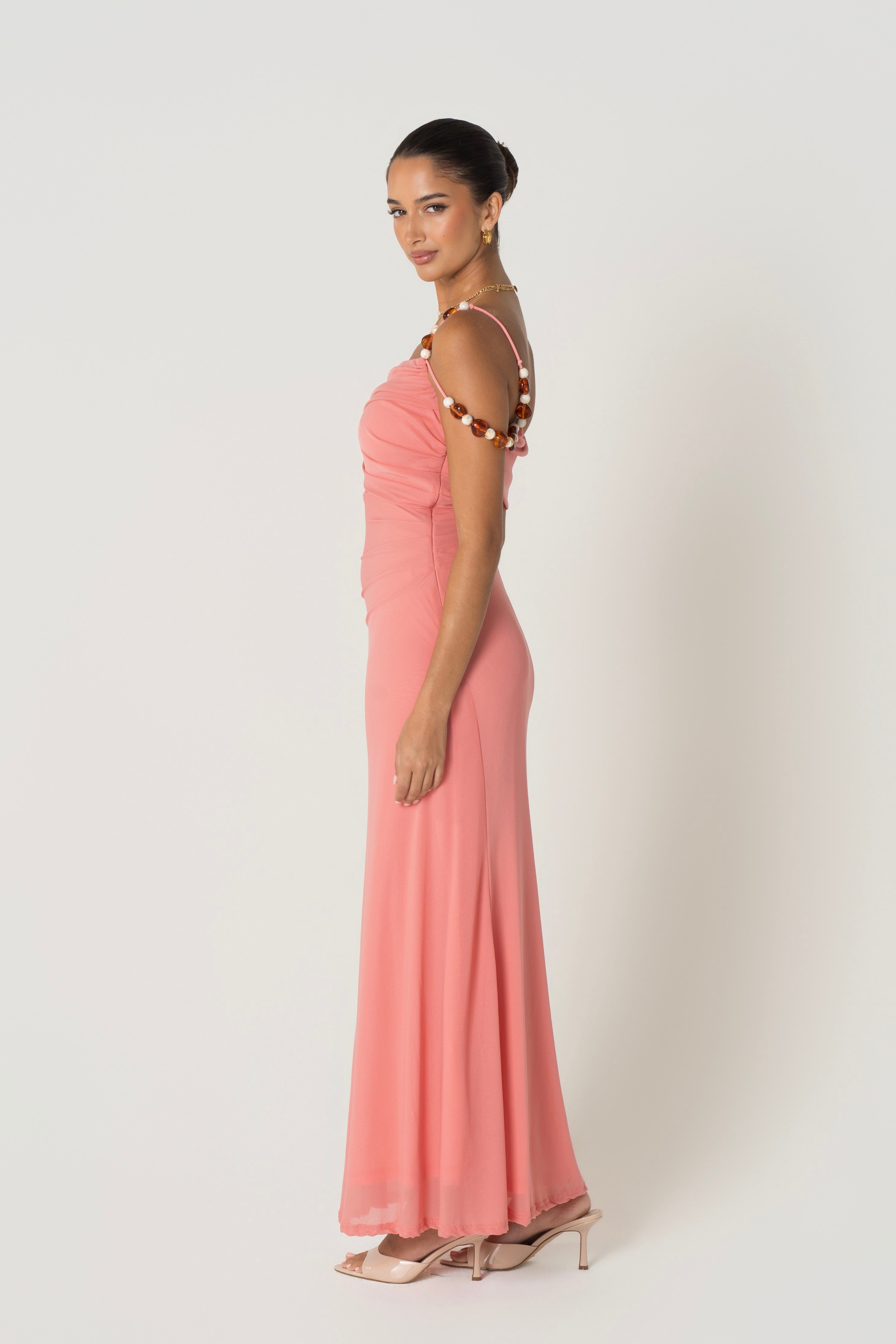 Dina Coral Off Shoulder Dress with Bead Details