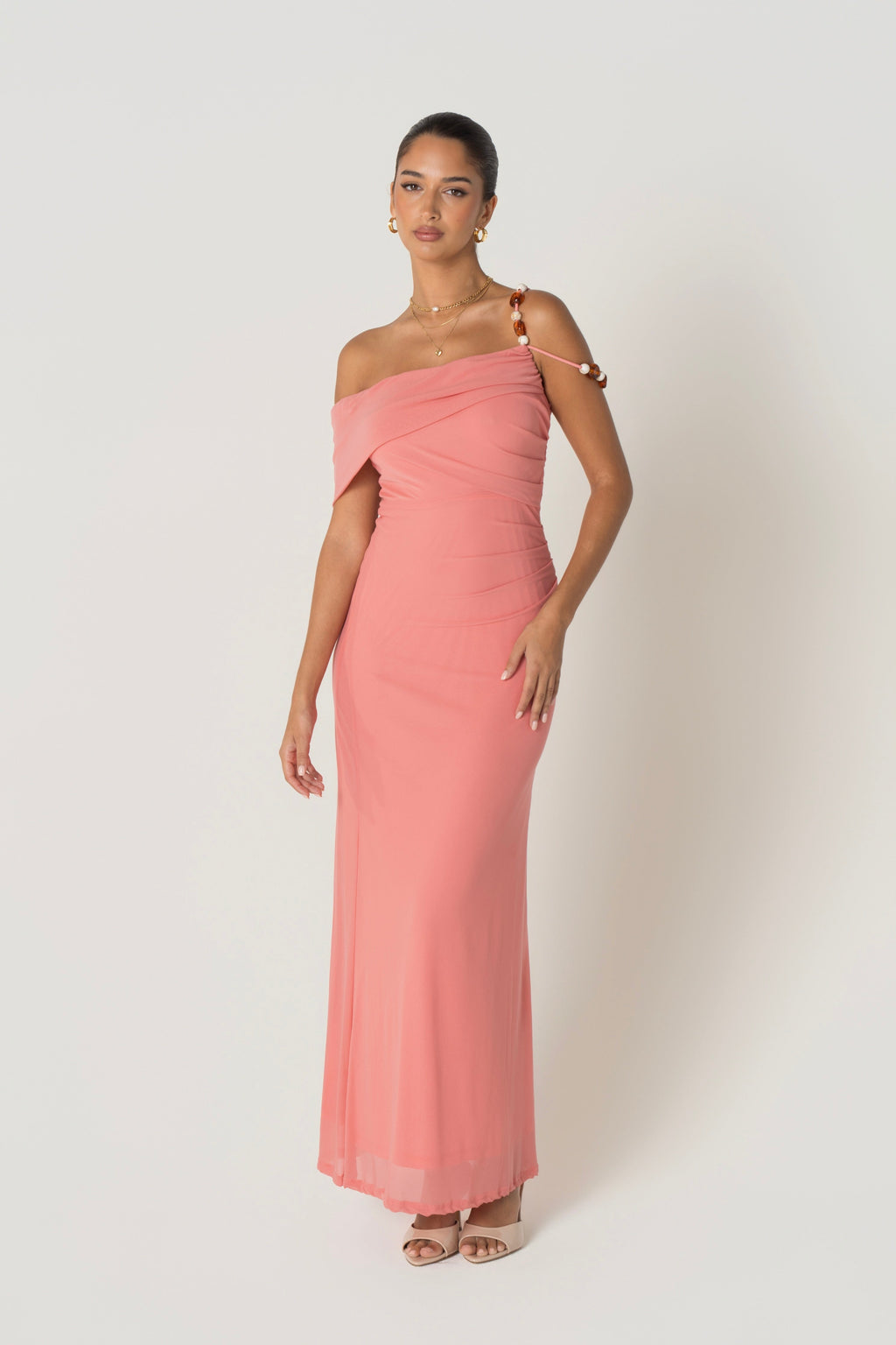 Dina Coral Off Shoulder Dress with Bead Details