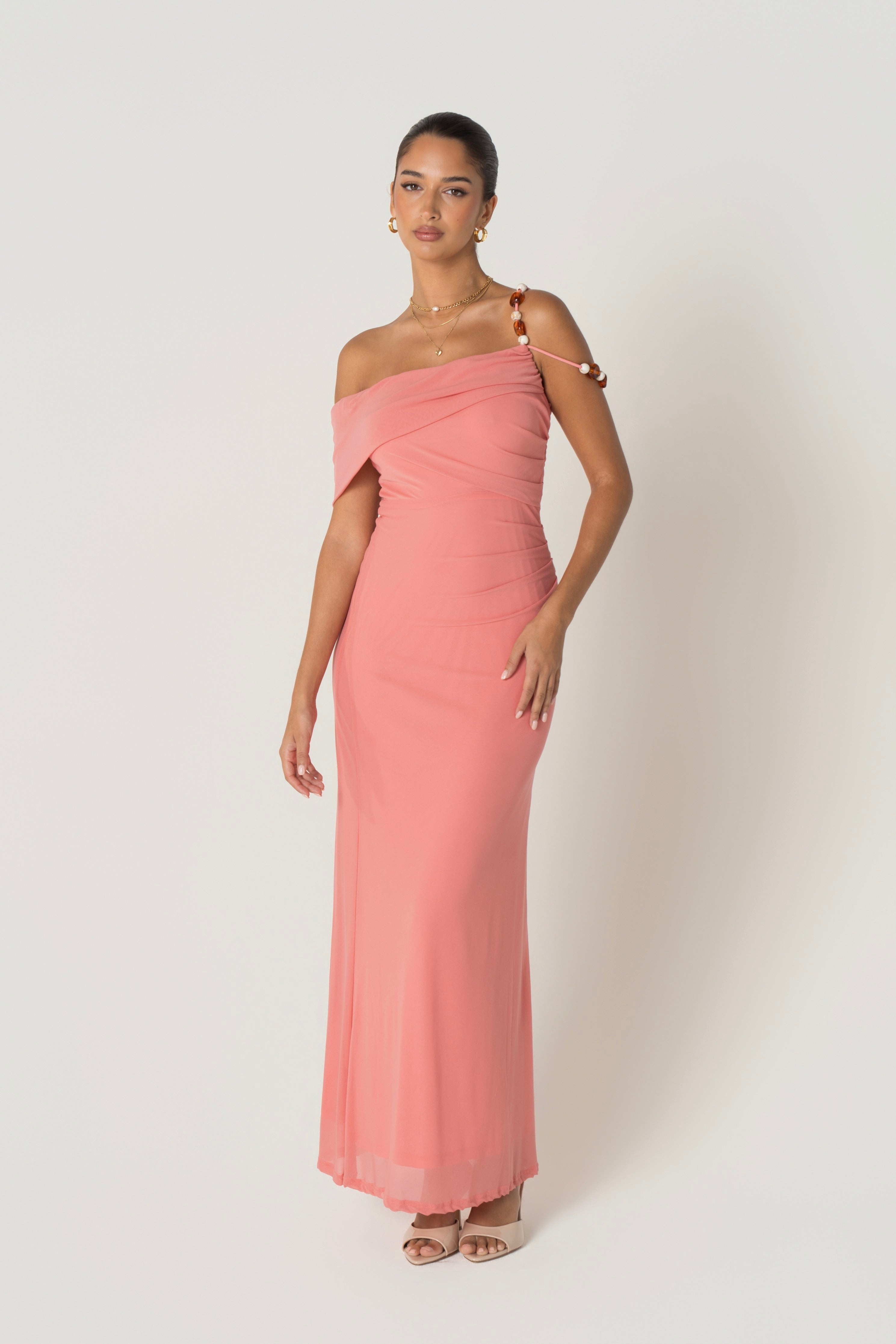 Dina Coral Off Shoulder Dress with Bead Details