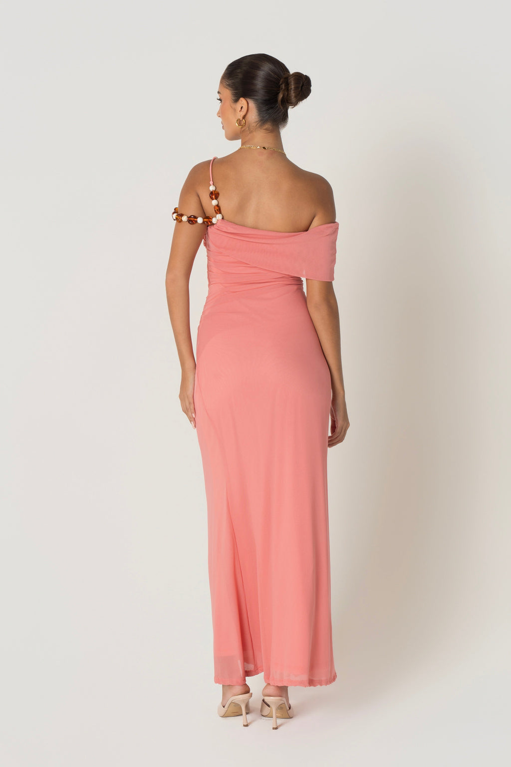 Dina Coral Off Shoulder Dress with Bead Details