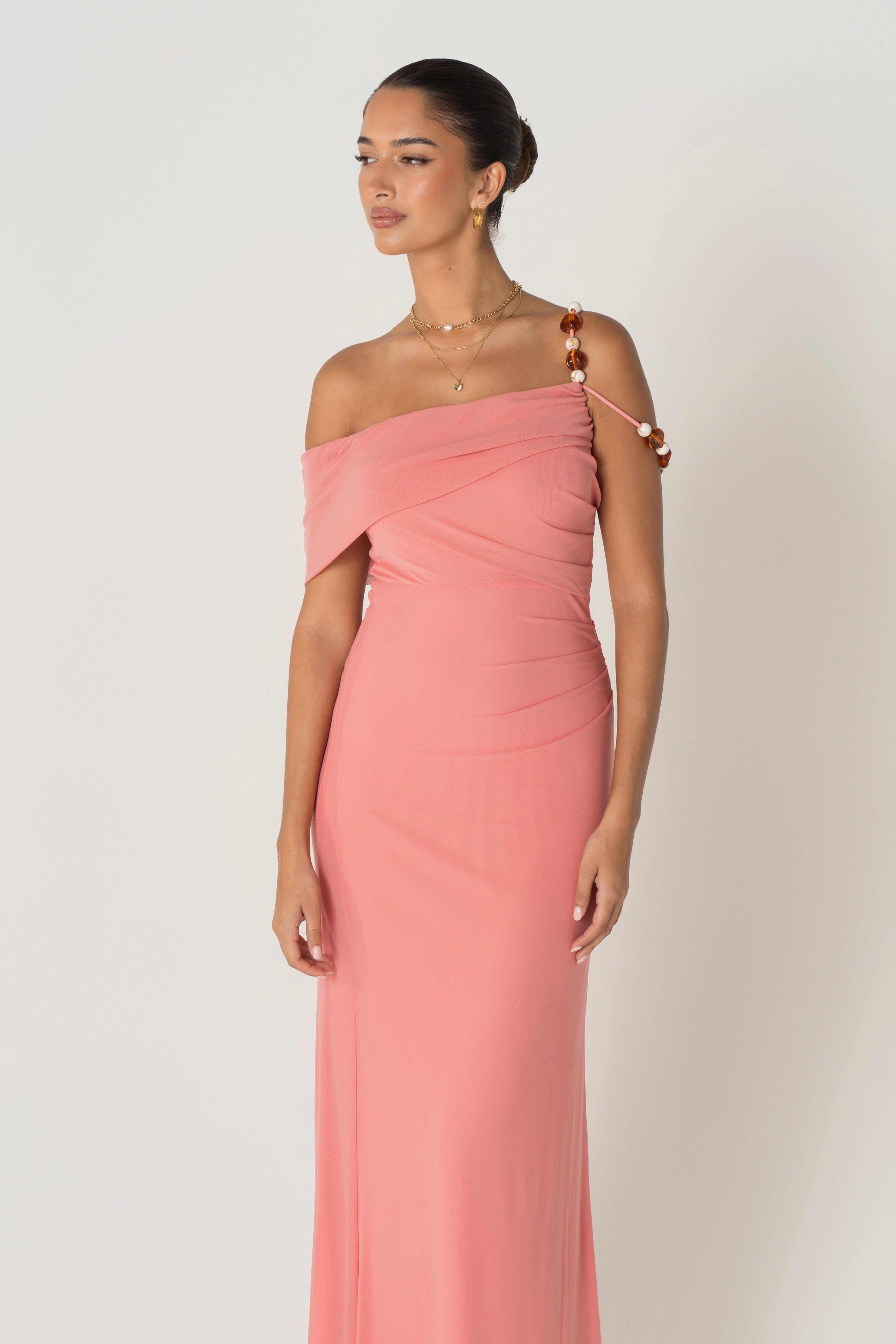 Dina Coral Off Shoulder Dress with Bead Details