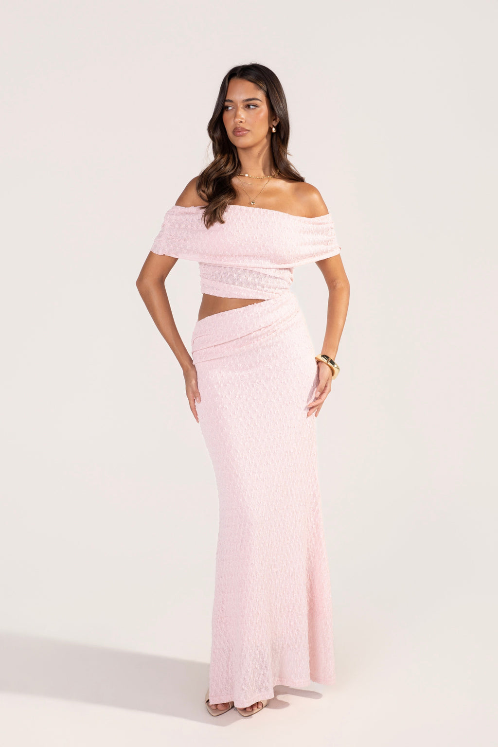Elaris Off-Shoulder Boucle Maxi Dress
