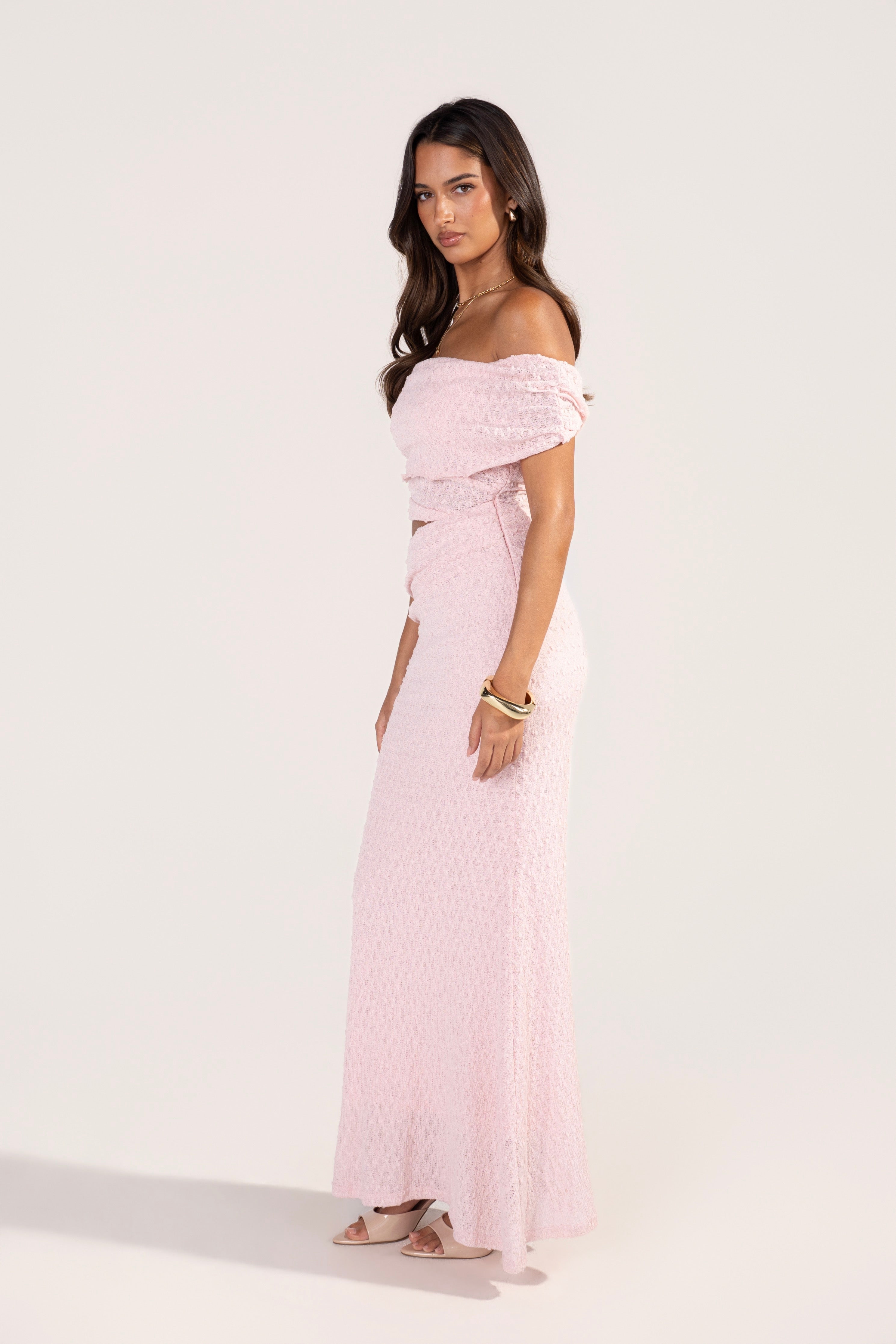 Elaris Off-Shoulder Boucle Maxi Dress