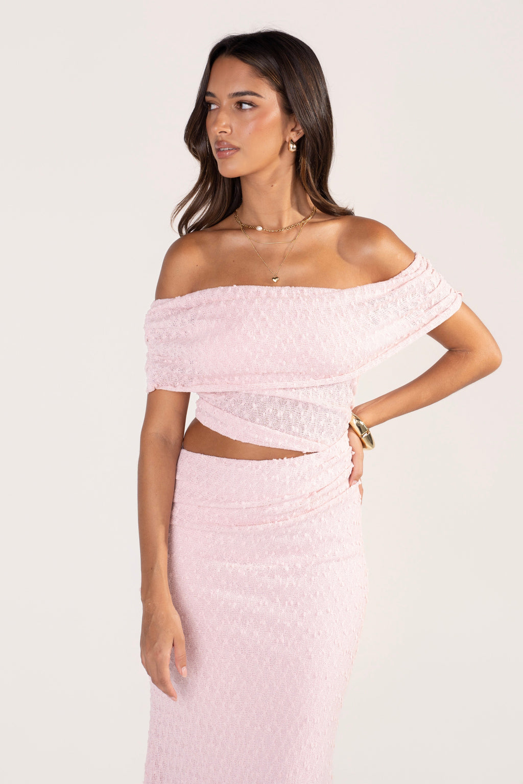 Elaris Off-Shoulder Boucle Maxi Dress