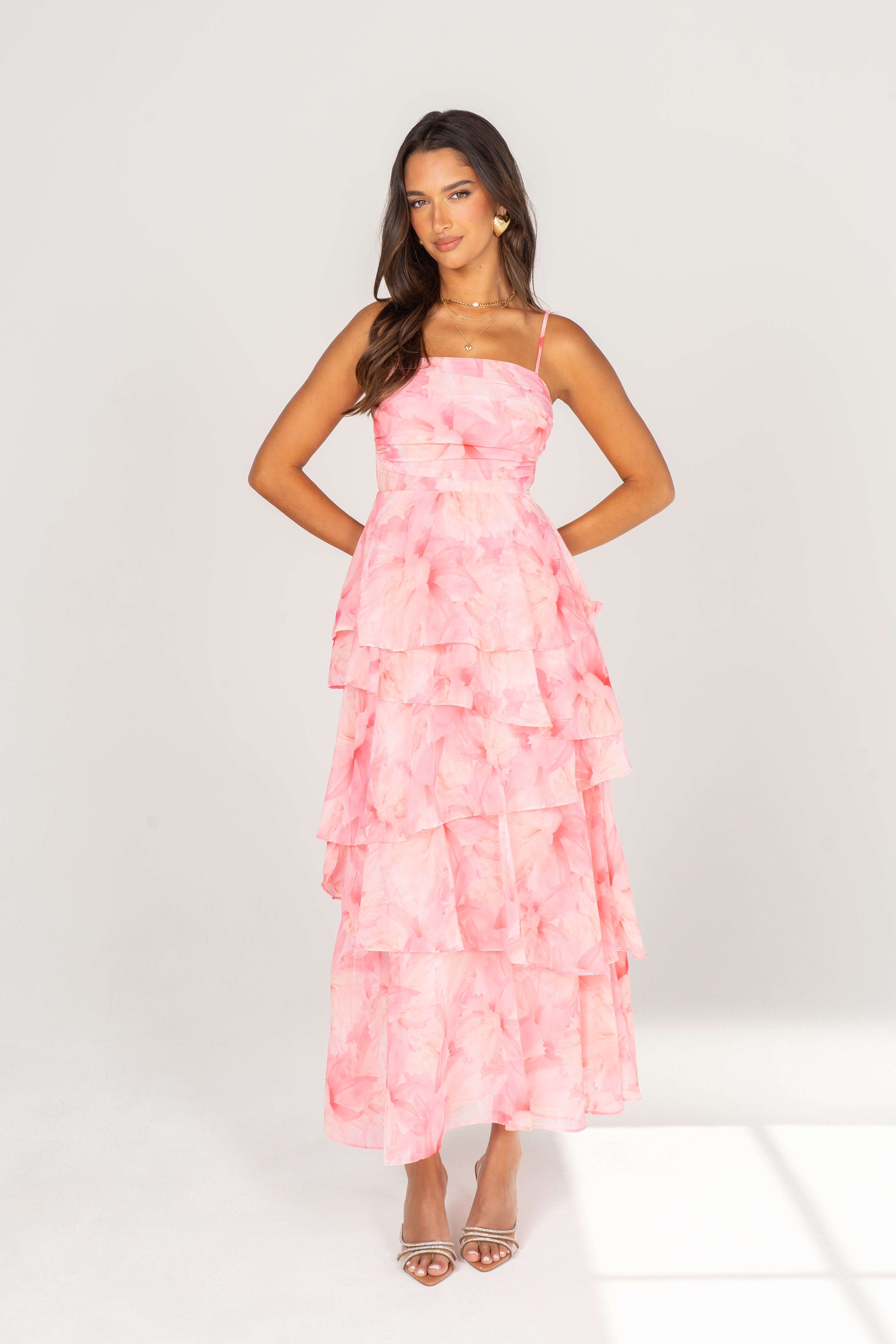 Emilia Pink Floral Tiered Midi Dress