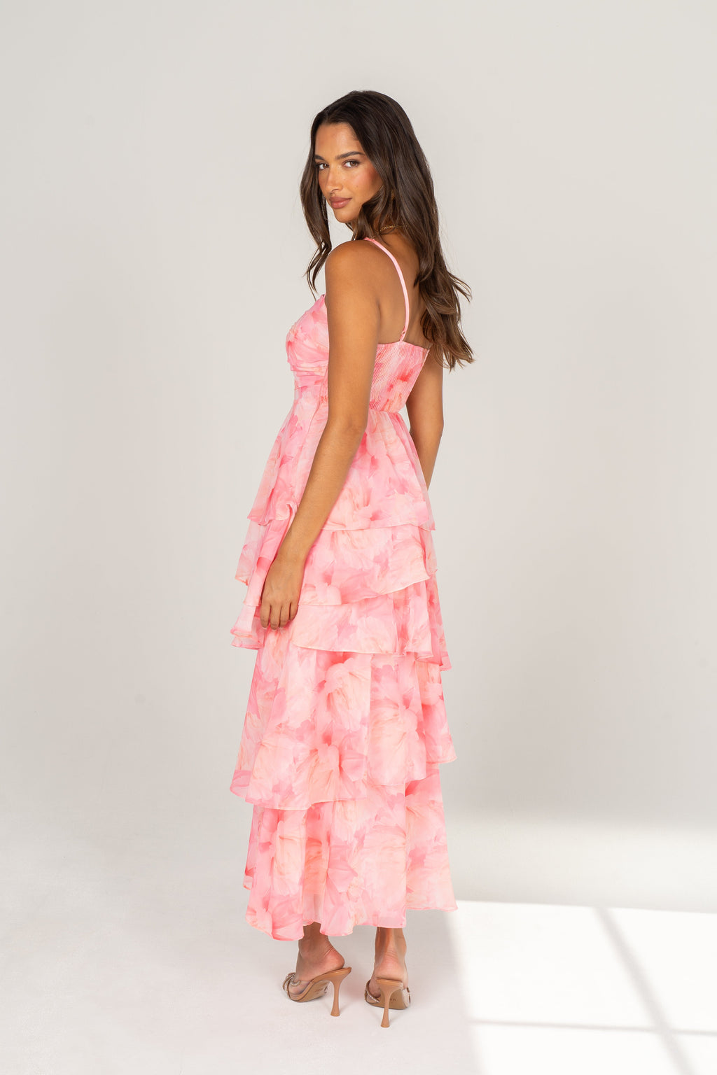 Emilia Pink Floral Tiered Midi Dress