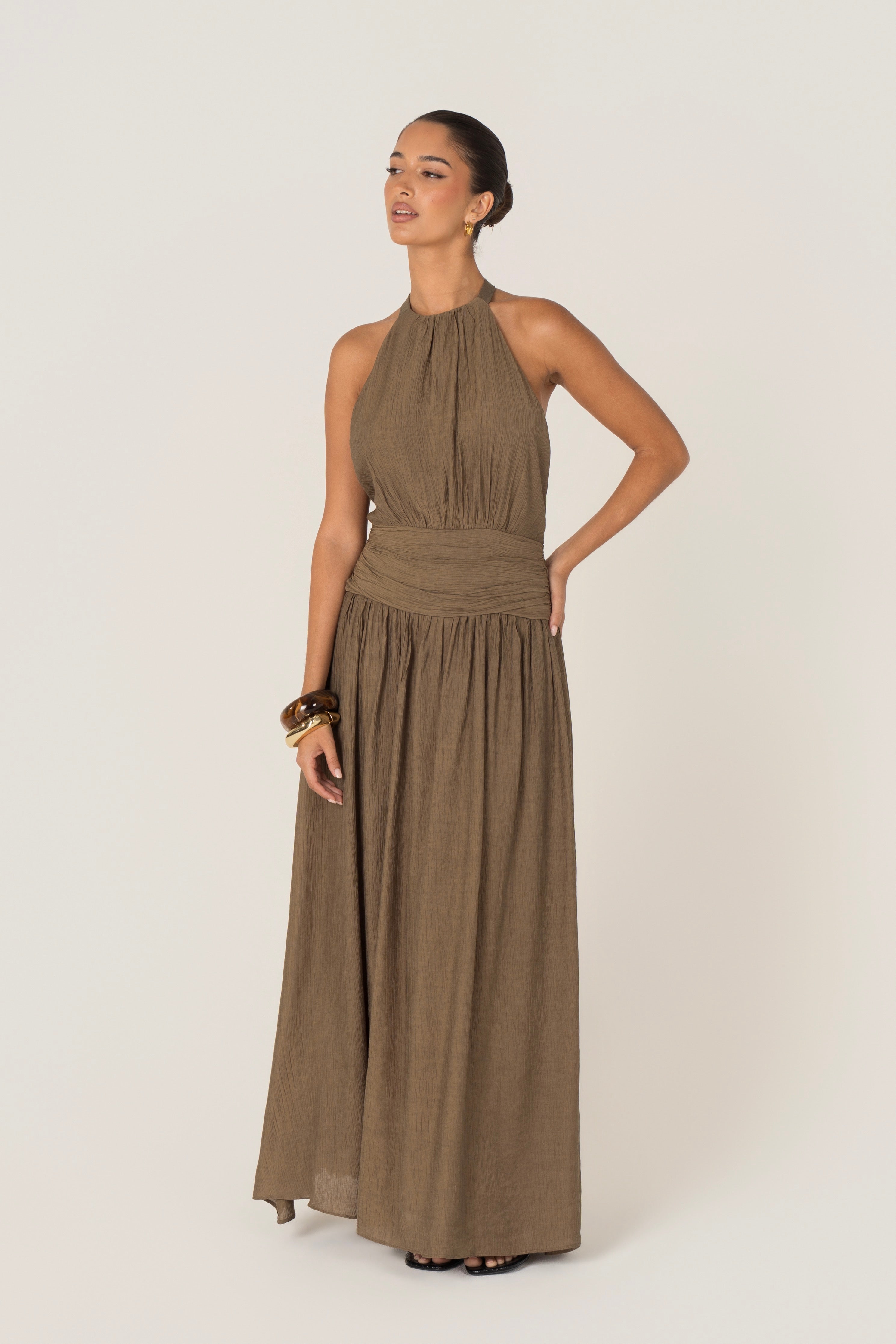Emmet Khaki Open Back Halter Dress