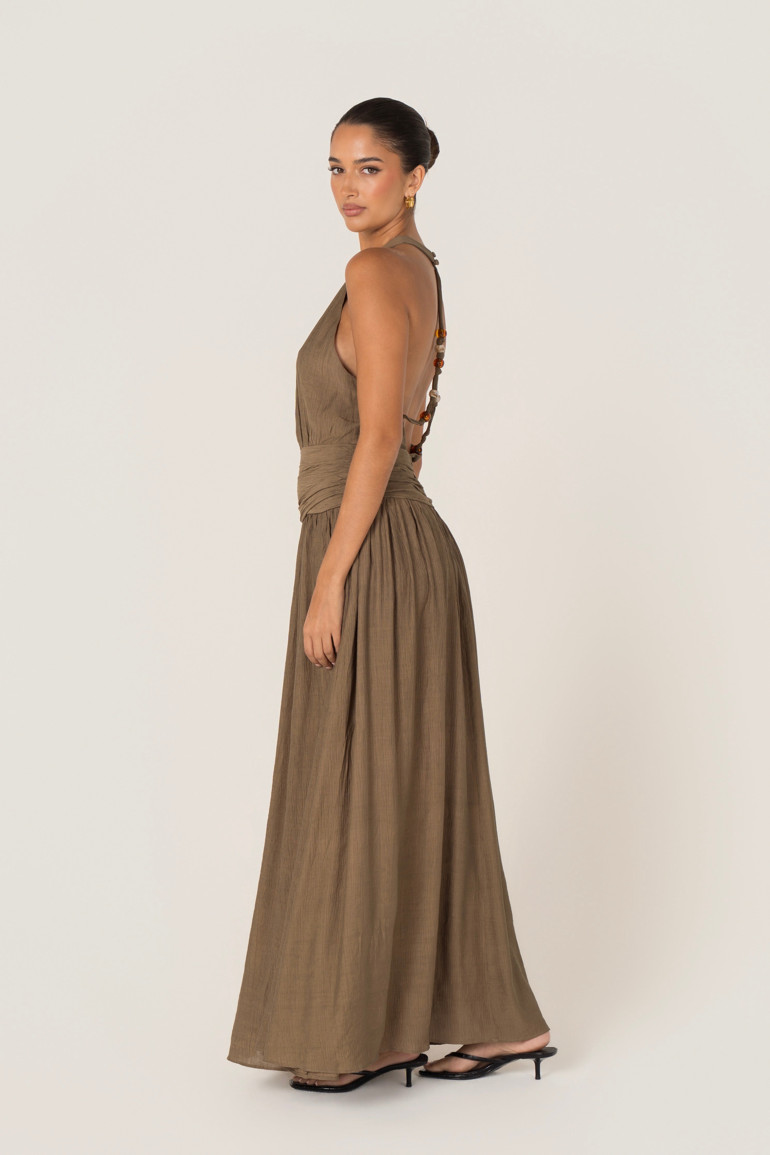 Emmet Khaki Open Back Halter Dress