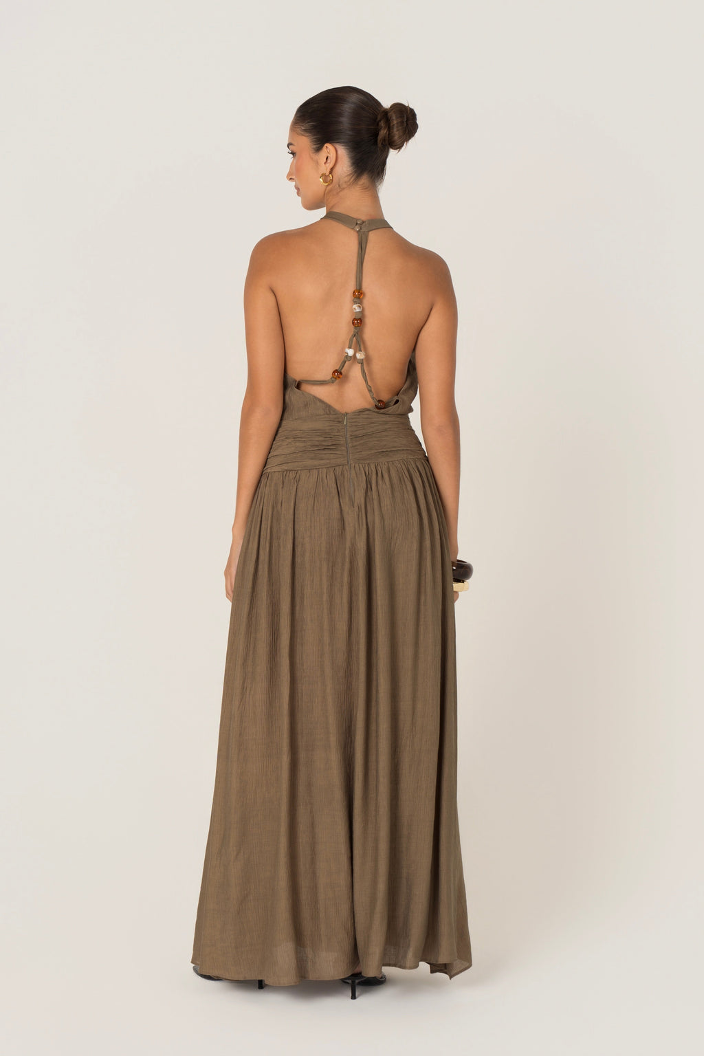 Emmet Khaki Open Back Halter Dress