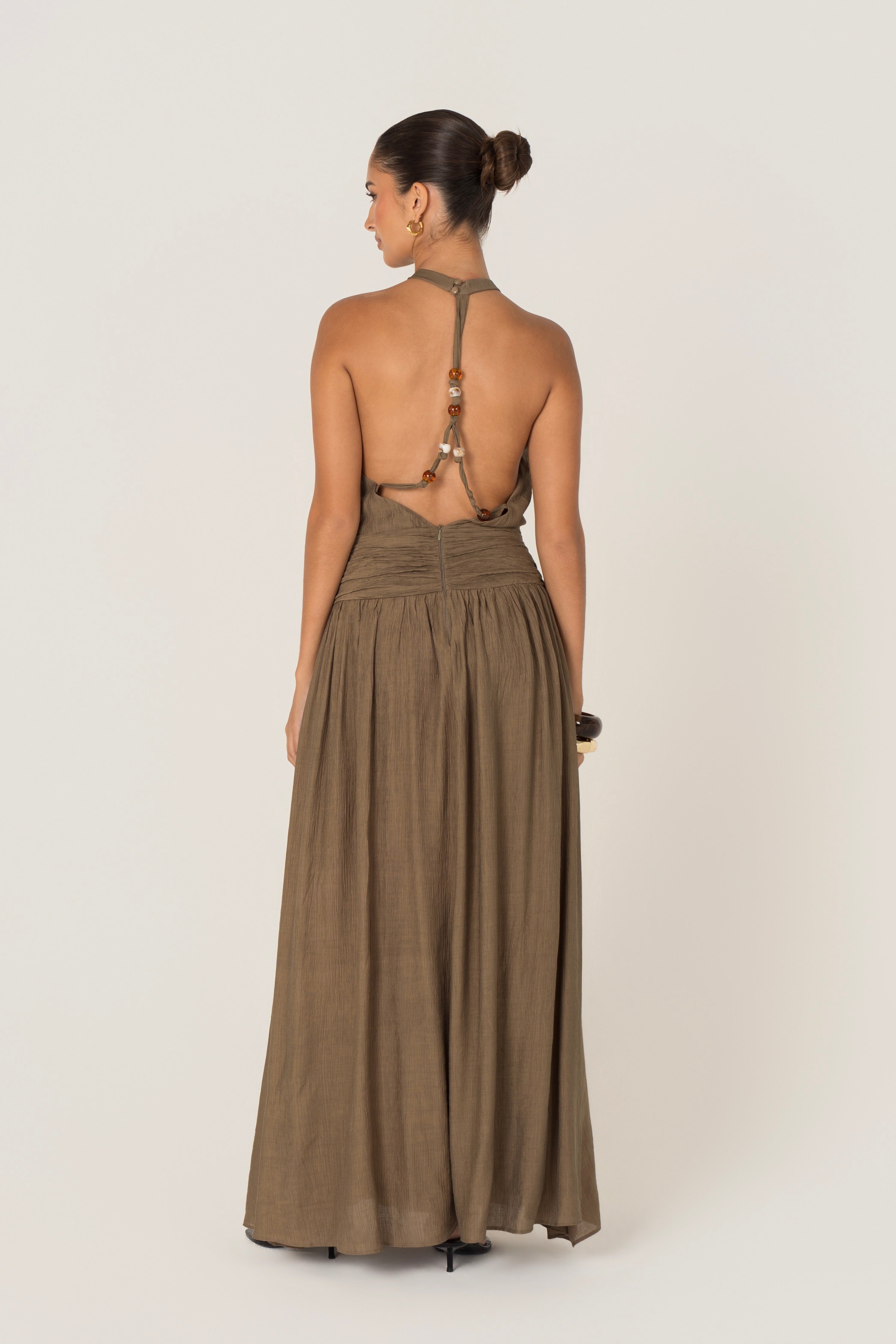 Emmet Khaki Open Back Halter Dress