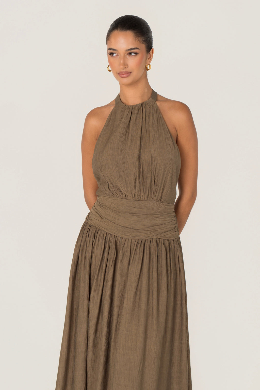 Emmet Khaki Open Back Halter Dress
