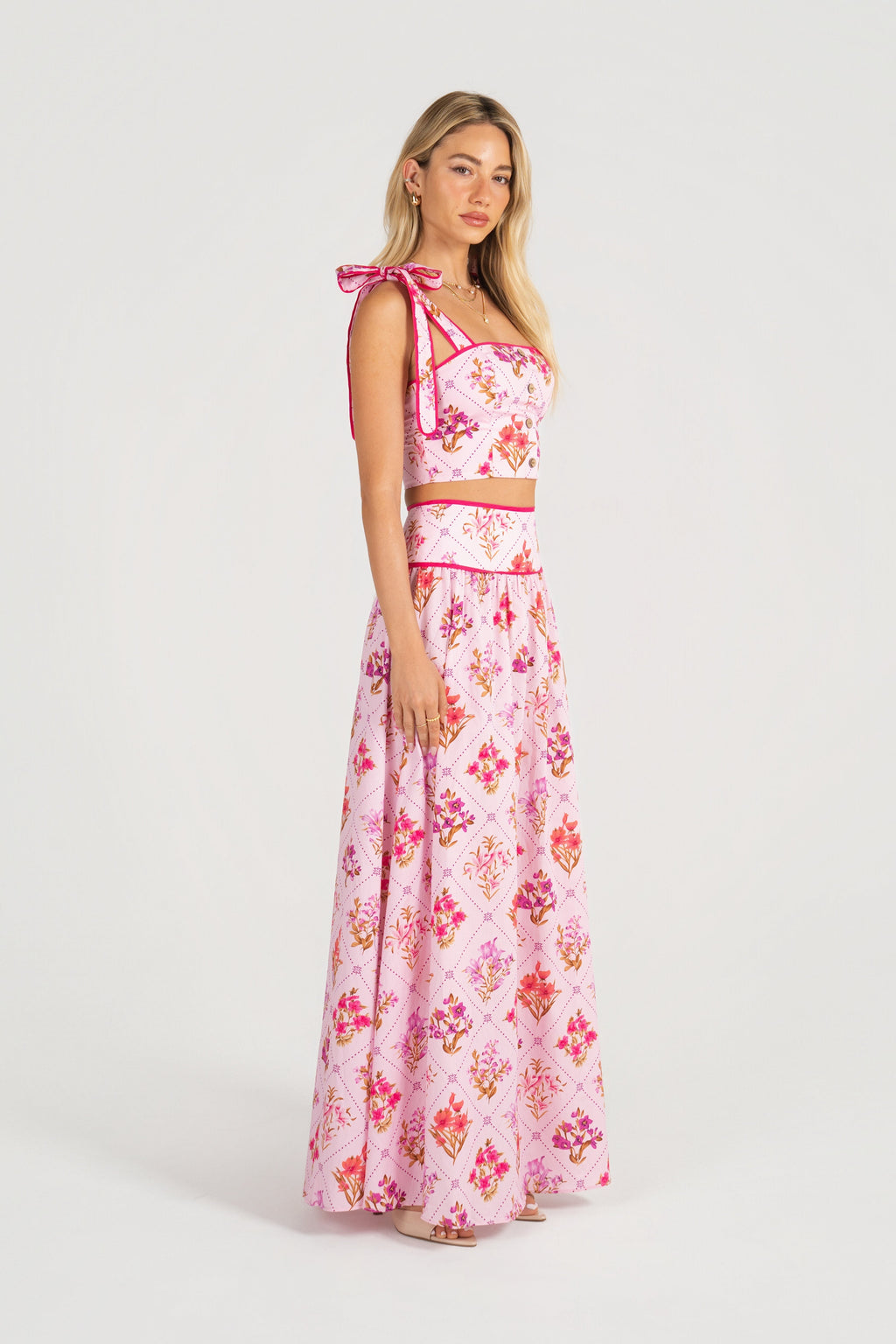 Everly Pink Floral Two Piece Set - Adjustable Tie Cropped Top & Maxi Skirt
