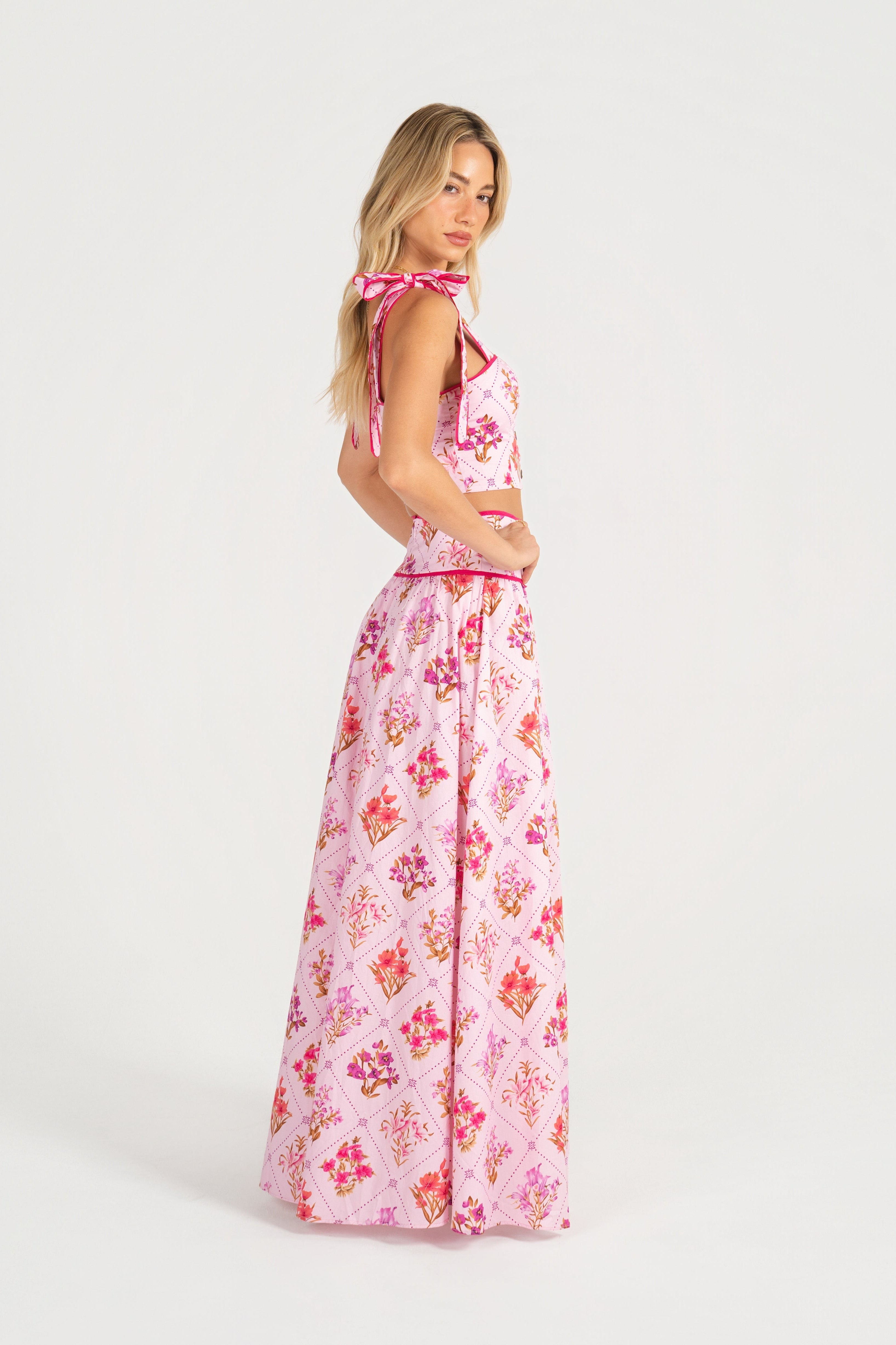 Everly Pink Floral Two Piece Set - Adjustable Tie Cropped Top & Maxi Skirt