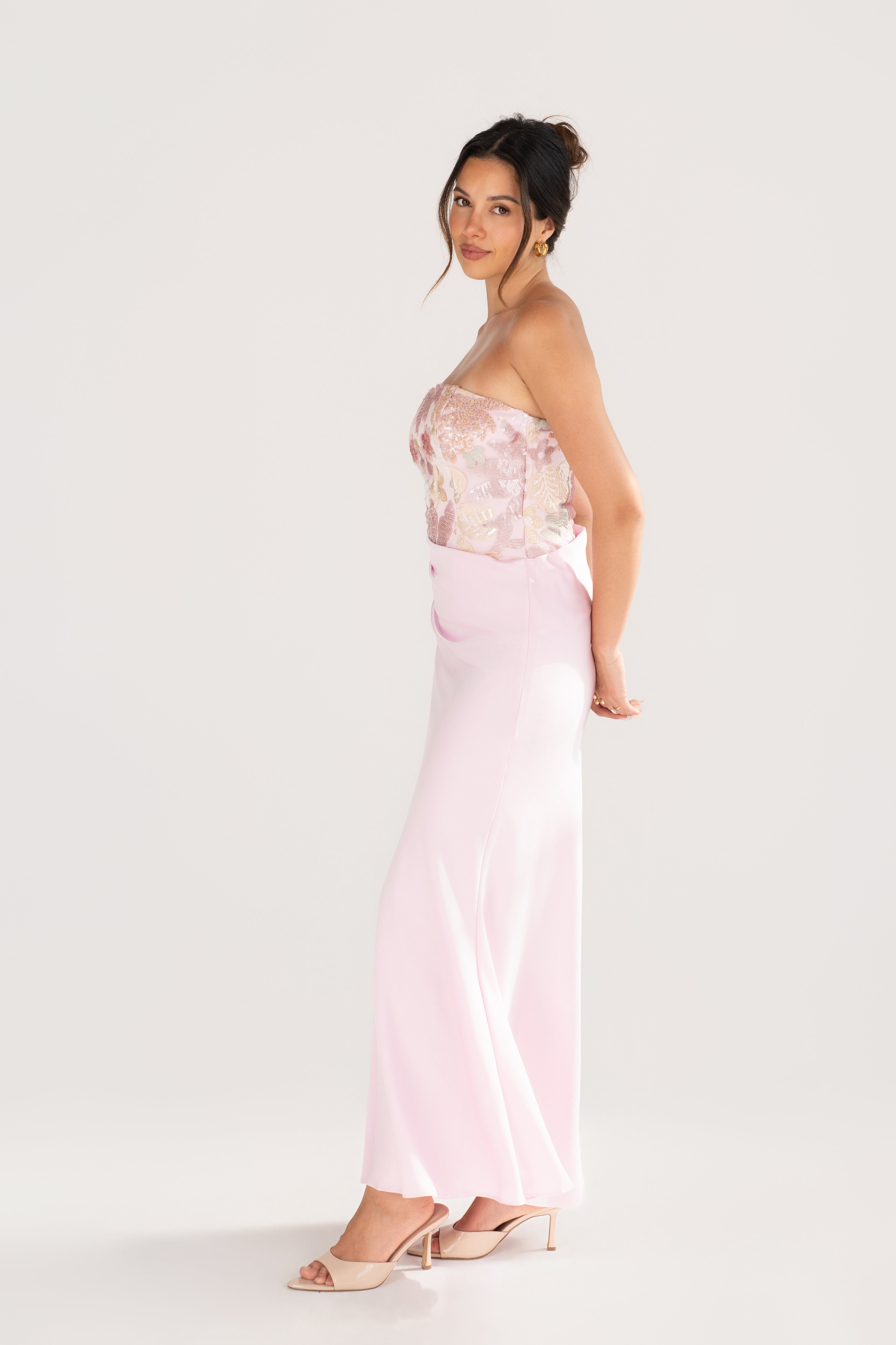 Evren Pink Embellished Sequin Bodice Dress with Satin Skirt
