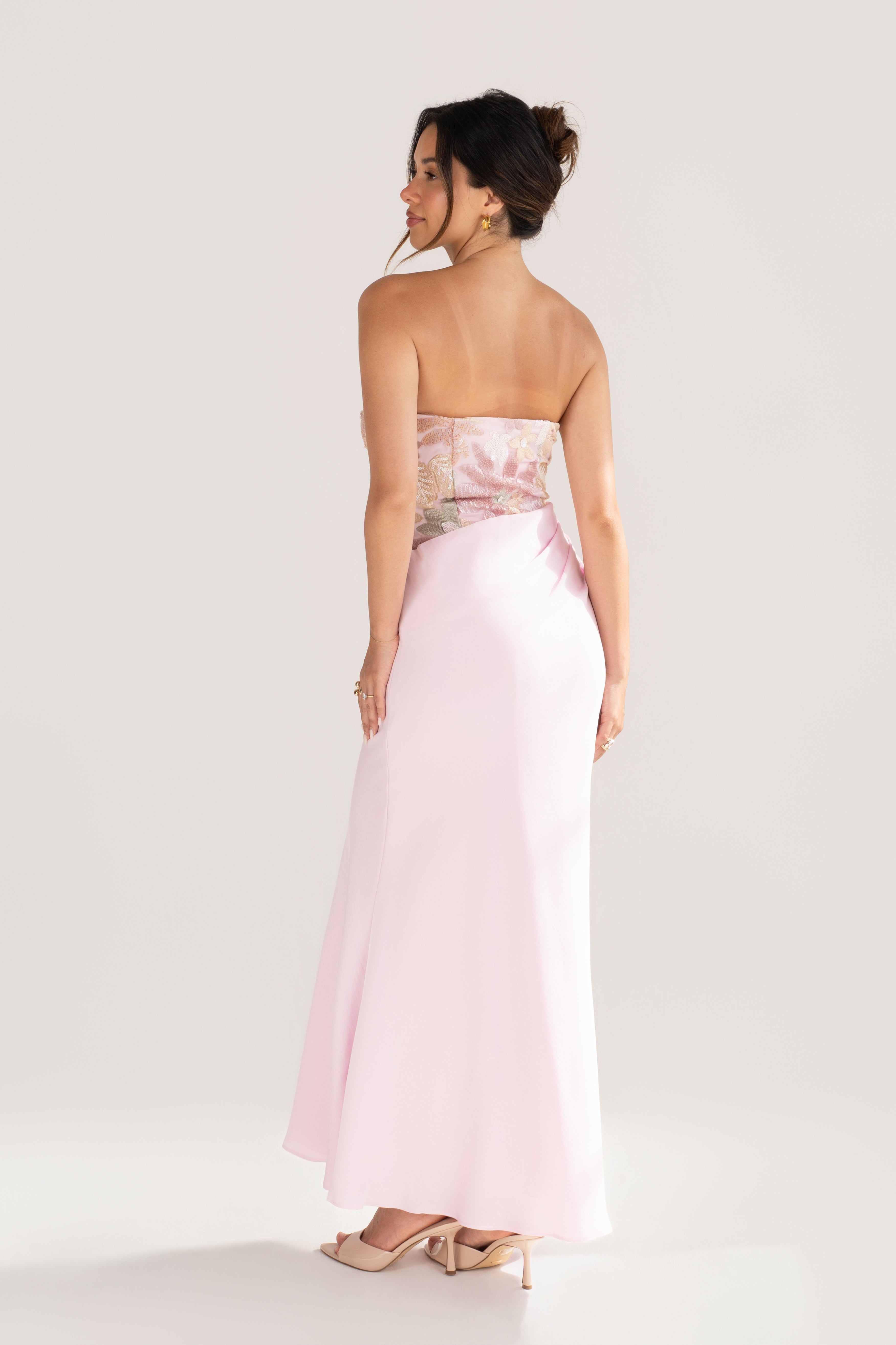 Evren Pink Embellished Sequin Bodice Dress with Satin Skirt