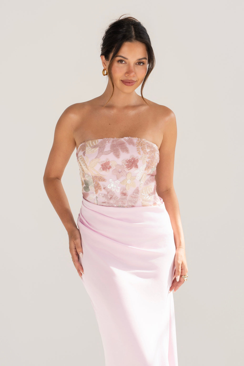 Evren Pink Embellished Sequin Bodice Dress with Satin Skirt